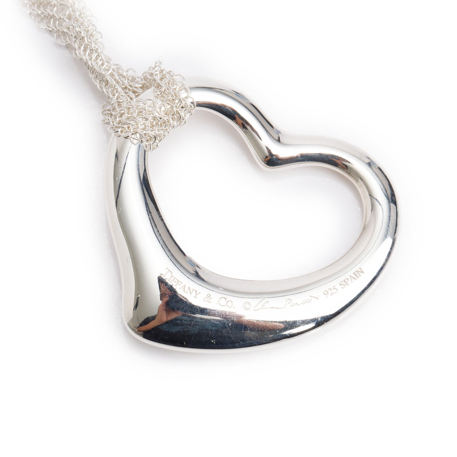 Tiffany & Co. Elsa Peretti Sterling Silver Large 36 MM Open Heart Pendant Mesh Necklace w/ Box