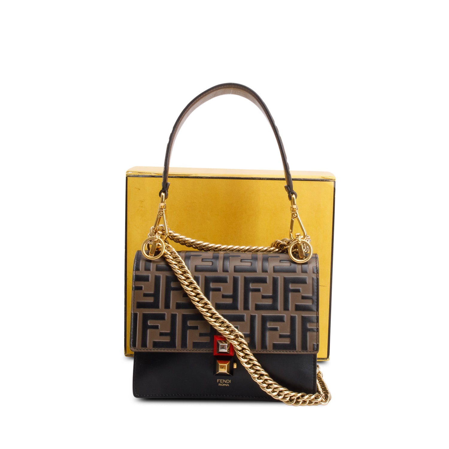 Fendi Vitello Liberty Bi-Color FF 1974 Embossed Chain Strap Kan I Shoulder Bag w/ Box