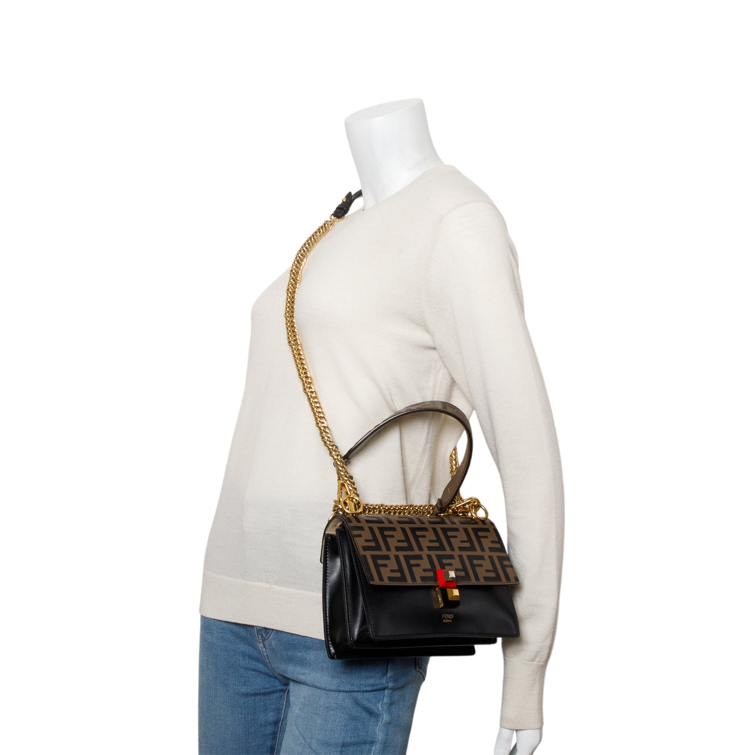 Fendi Vitello Liberty Bi-Color FF 1974 Embossed Chain Strap Kan I Shoulder Bag w/ Box