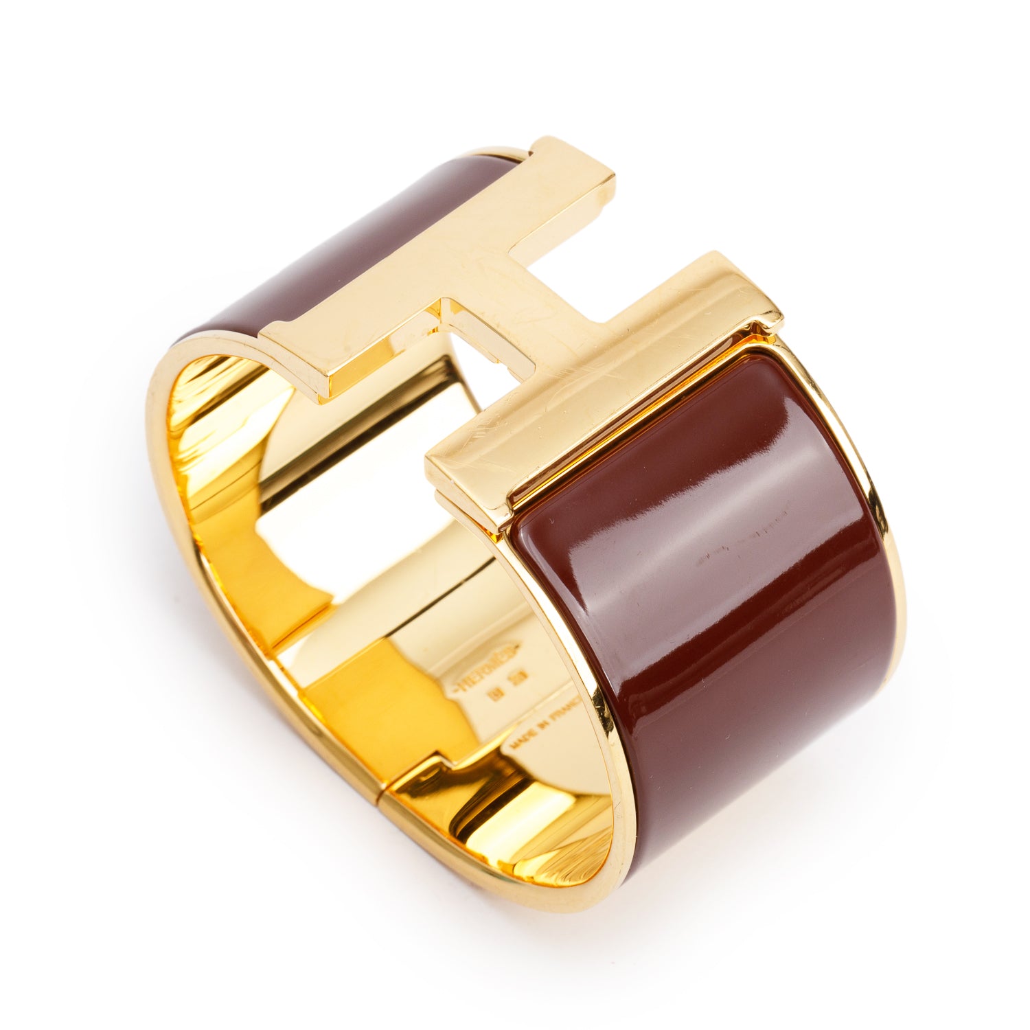 Hermes Gold Plated Burgundy Enamel Extra Wide Clic Clac H Bracelet