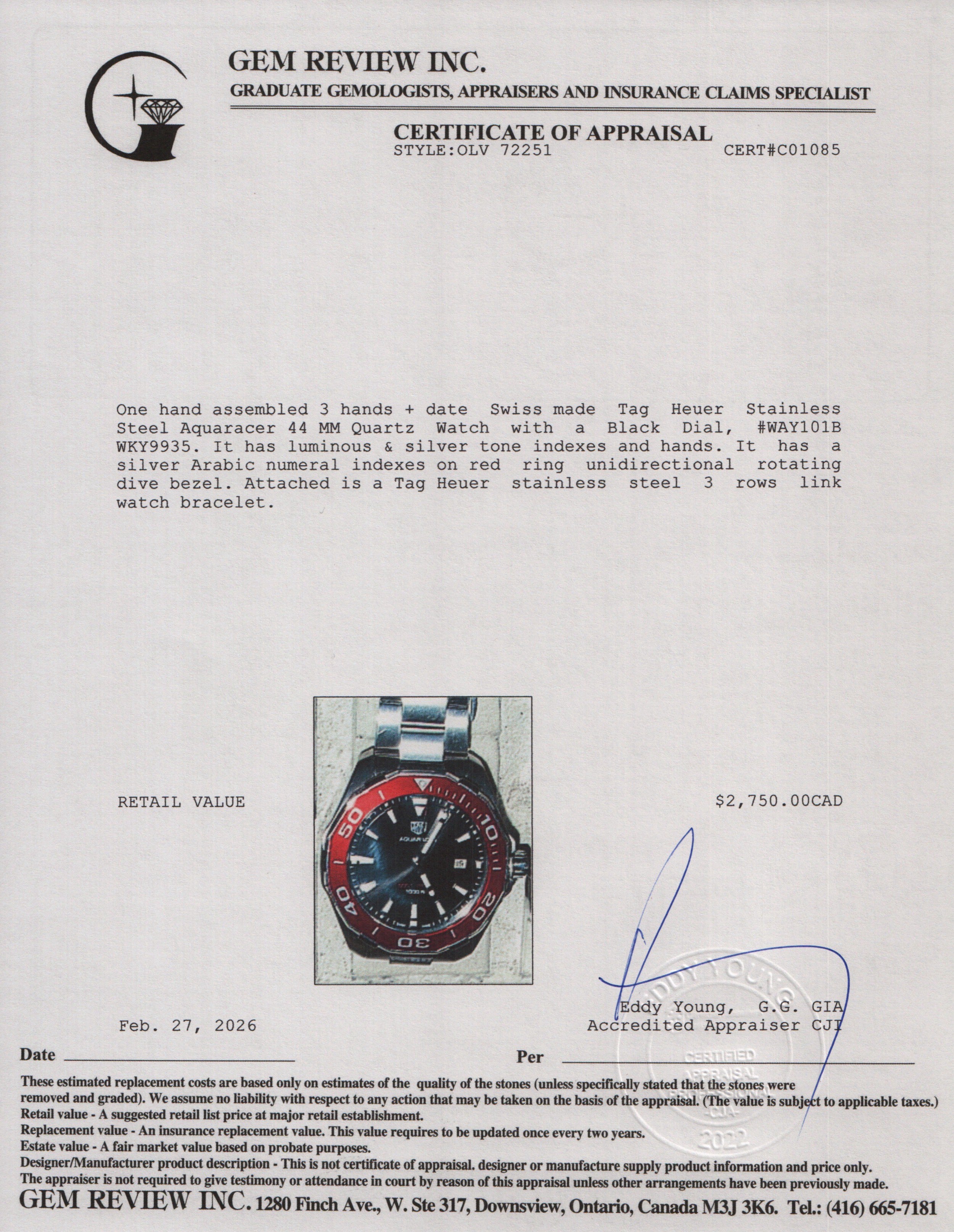 Tag Heuer 2021 Stainless Steel Aquaracer 44 MM Quartz Watch WAY101B Black Dial w/ Box & Papers