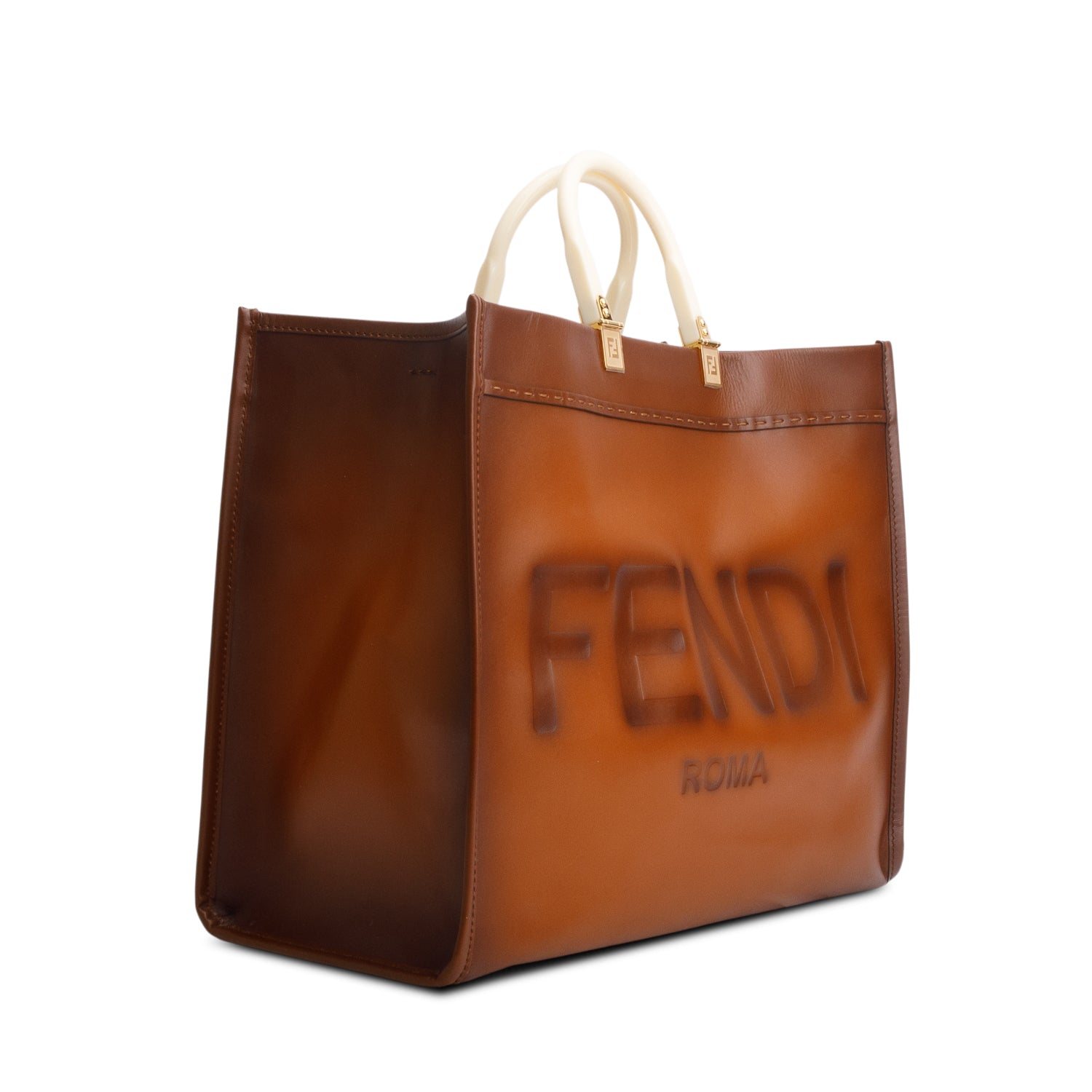 Fendi Brown Vitello King Plexiglass Logo Embossed Large Fendi Sunshine Shopper Tote