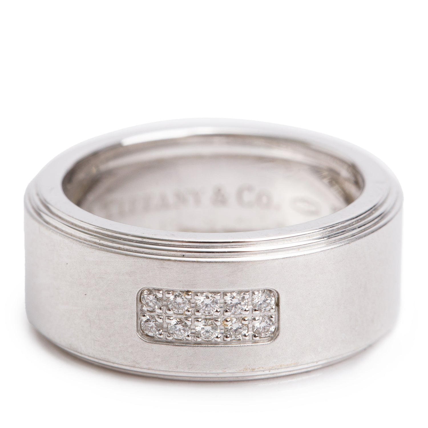 Tiffany & Co. 18k White Gold Diamond Century 8 MM Wedding Band Ring, Size 5.25 w/ Box