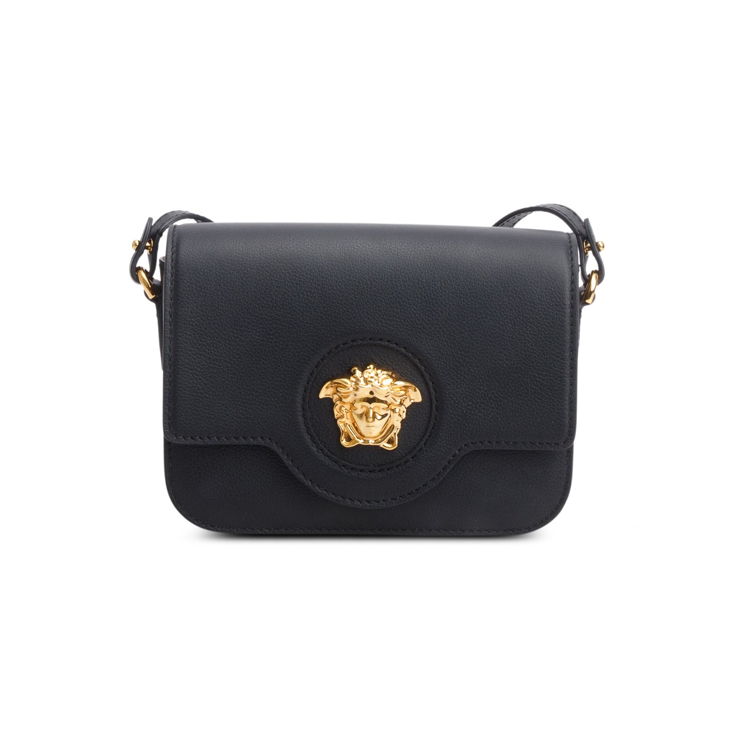 Versace Black Grained Calfskin La Medusa Flap Shoulder Bag