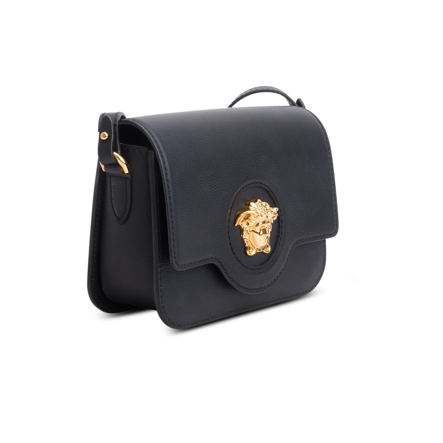Versace Black Grained Calfskin La Medusa Flap Shoulder Bag