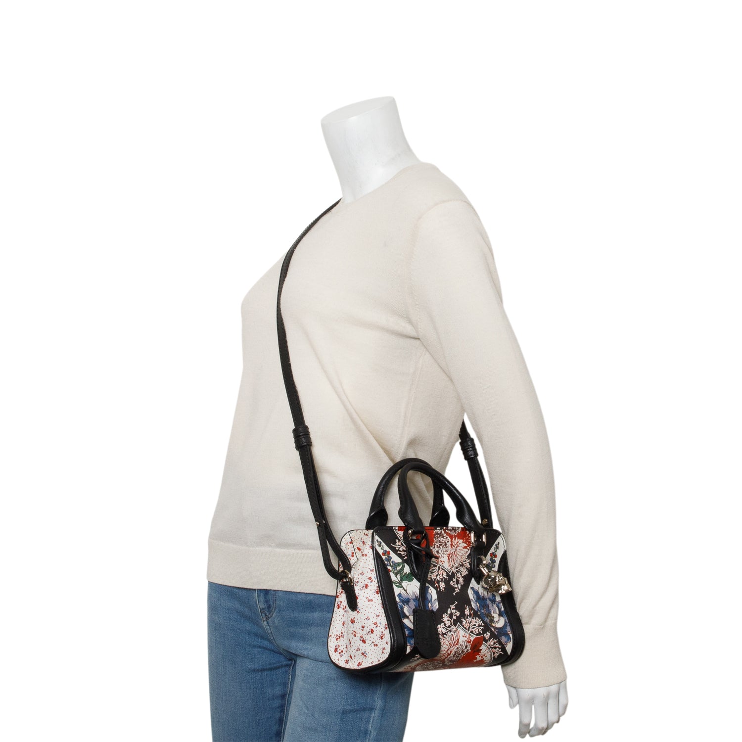Alexander Mcqueen Multicolor Pebbled Calfskin Floral Print Small Skull Padlock Zip Around Tote w/ Strap