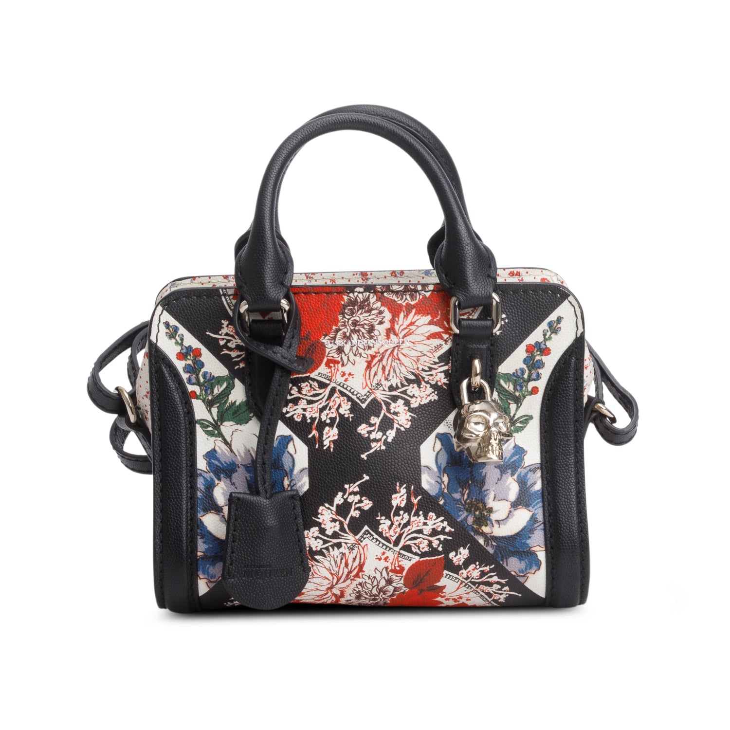 Alexander Mcqueen Multicolor Pebbled Calfskin Floral Print Small Skull Padlock Zip Around Tote w/ Strap
