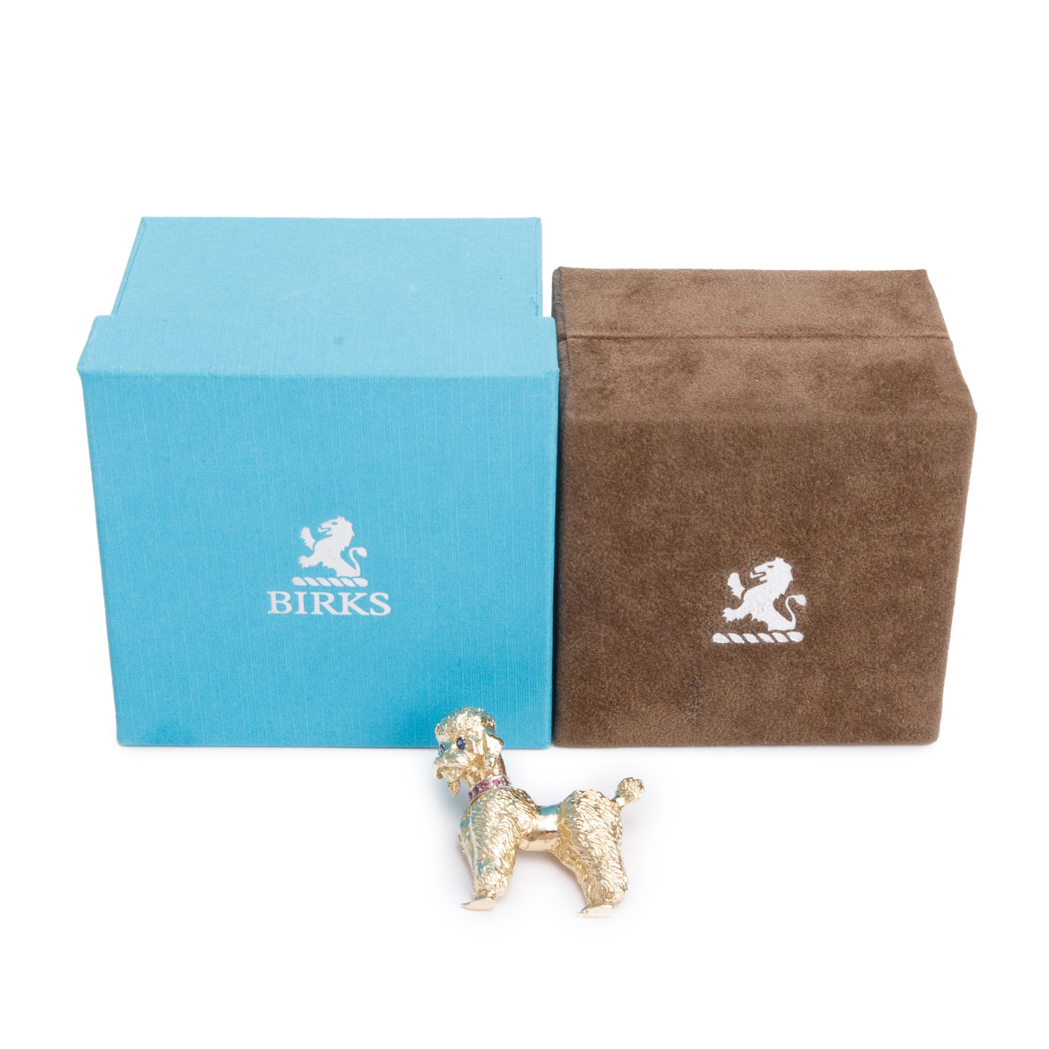 Birks 14k Yellow Gold Sapphire & Ruby Poodle Pin Brooch w/ Box