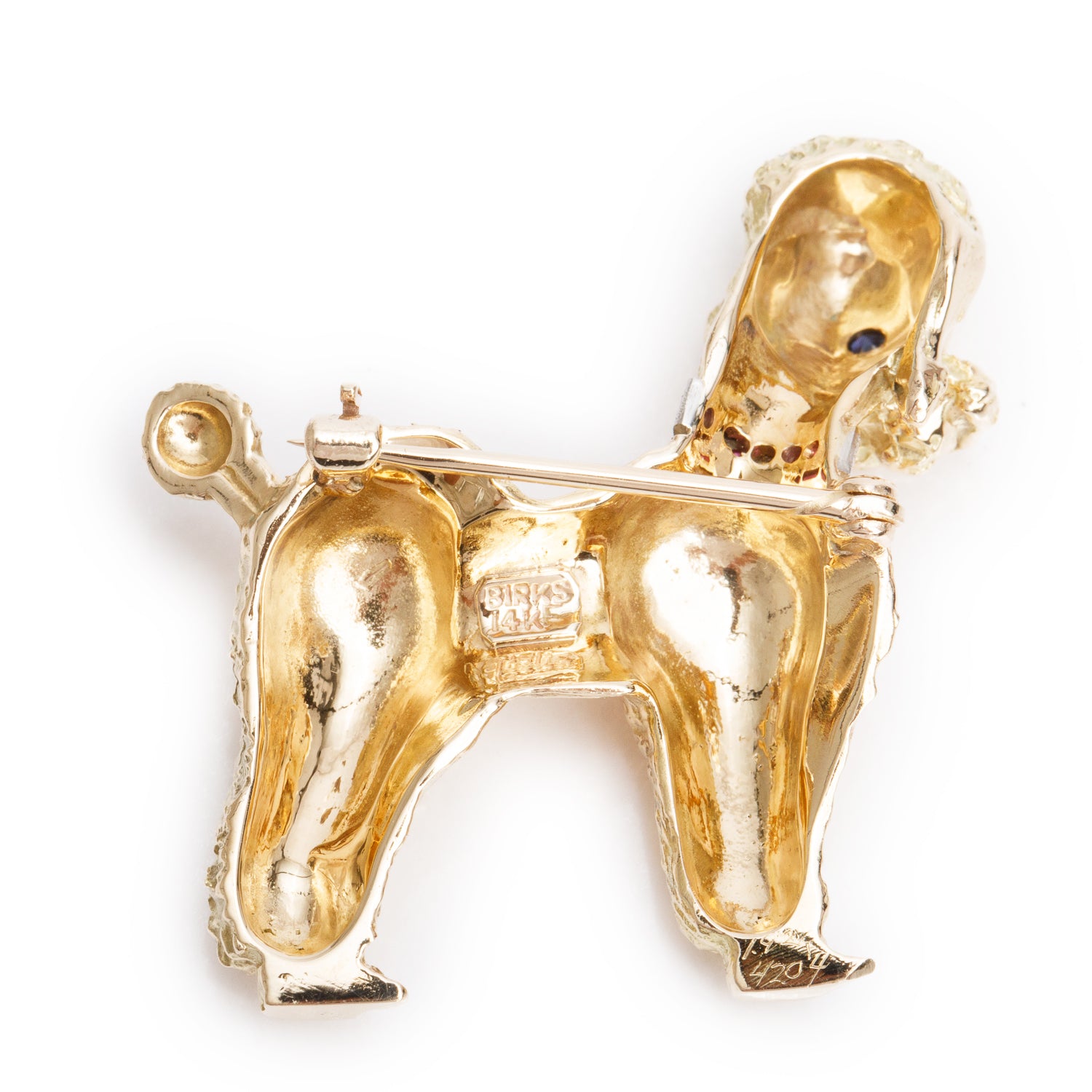 Birks 14k Yellow Gold Sapphire & Ruby Poodle Pin Brooch w/ Box