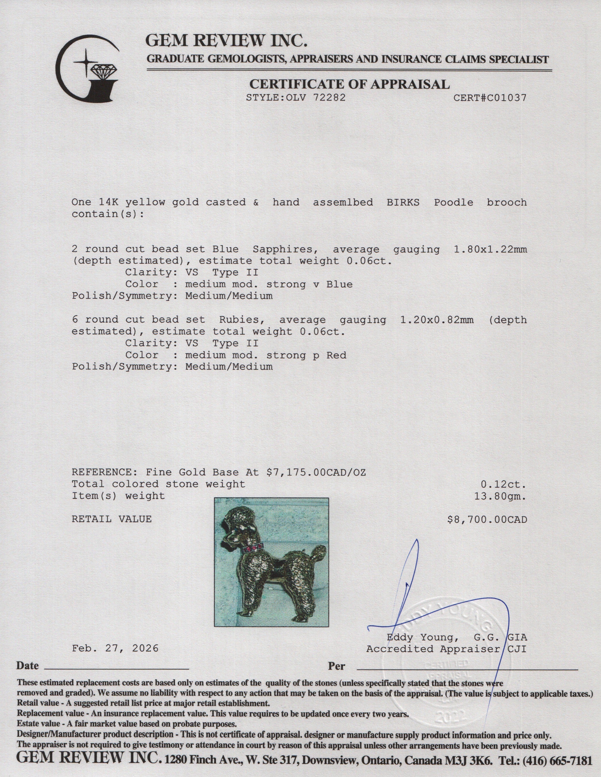 Birks 14k Yellow Gold Sapphire & Ruby Poodle Pin Brooch w/ Box