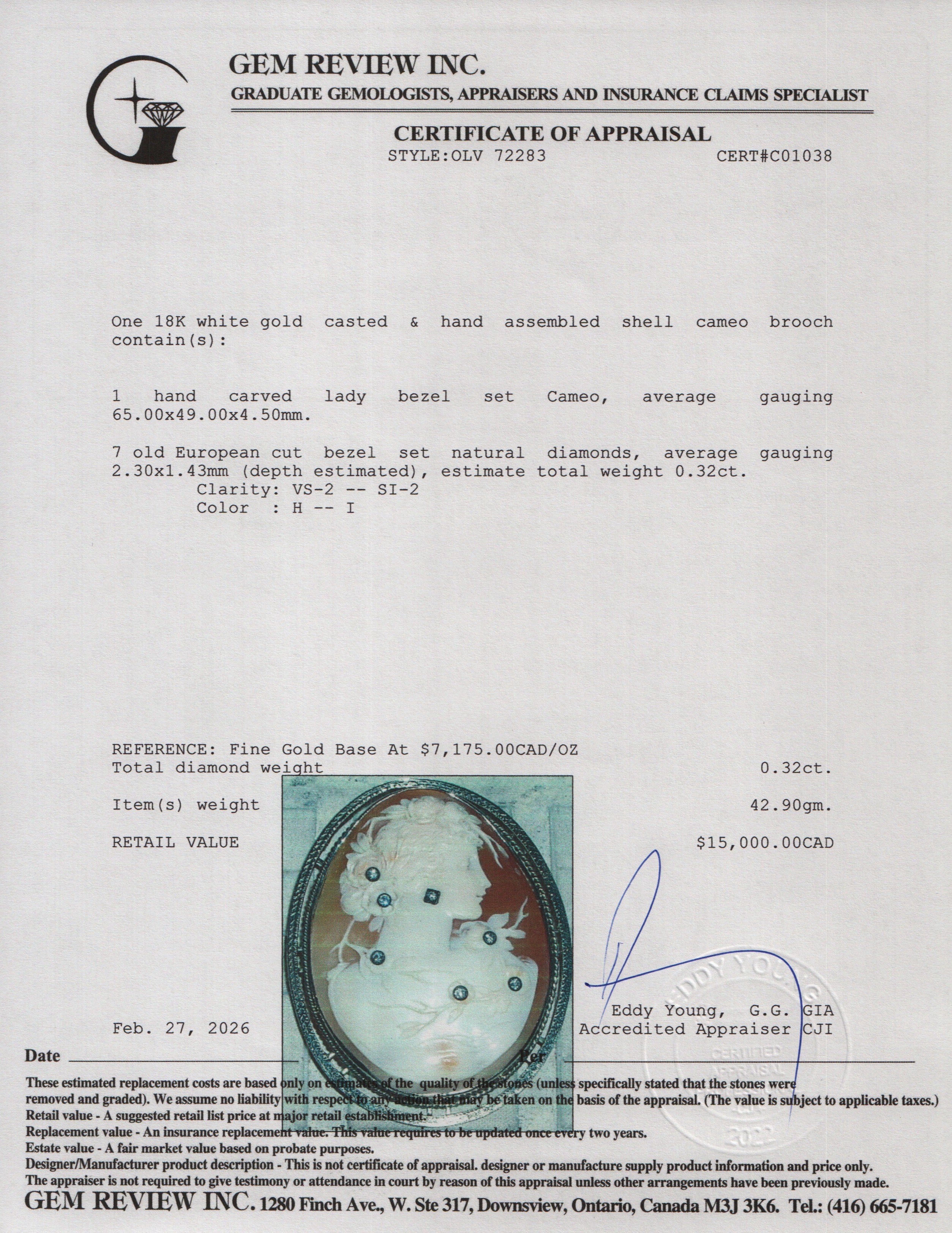 Antique 18k White Gold Diamond Lady Shell Cameo Brooch