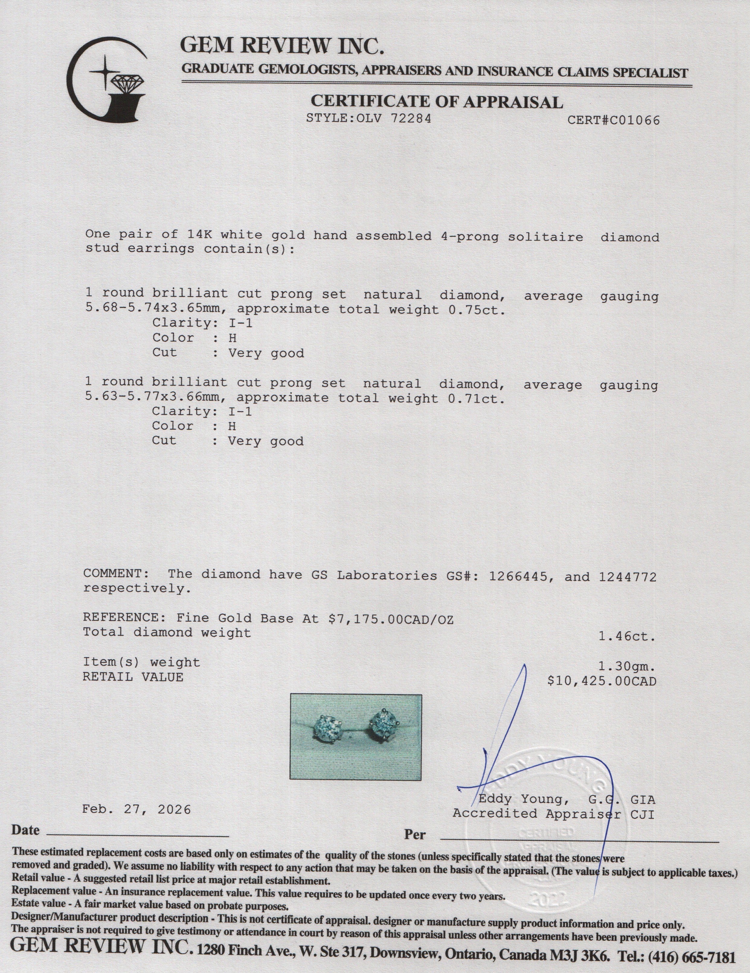 14k White Gold 1.46 tcw. Diamond Stud Earrings