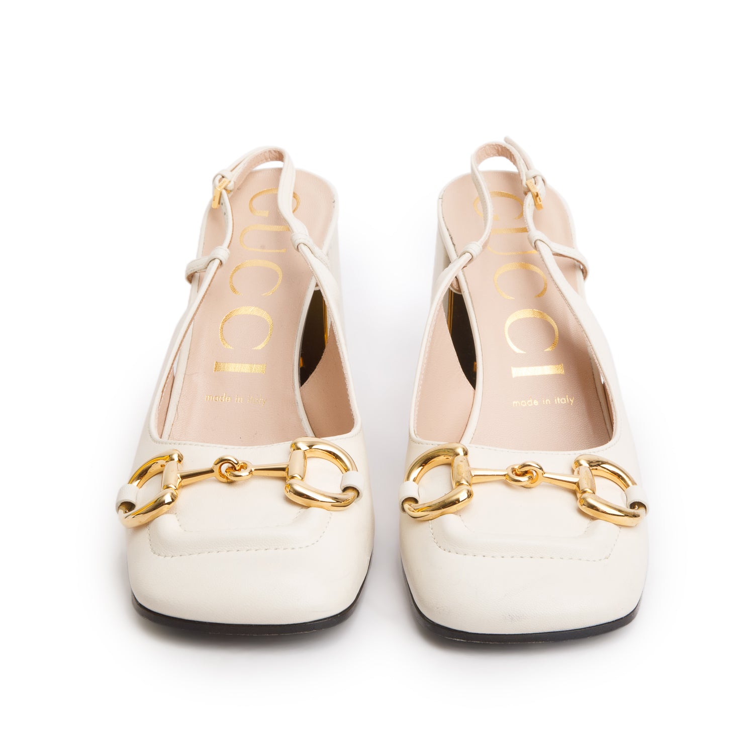 Gucci White Malaga Kid Horsebit 75mm Slingback Pumps, Women's Size 38.5 w/ Box