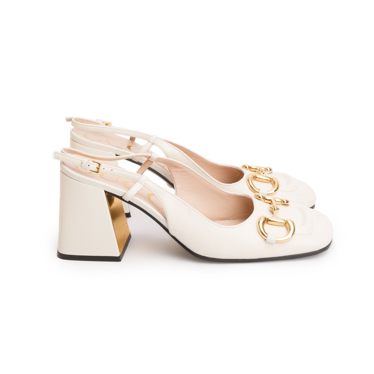 Gucci White Malaga Kid Horsebit 75mm Slingback Pumps, Women's Size 38.5 w/ Box