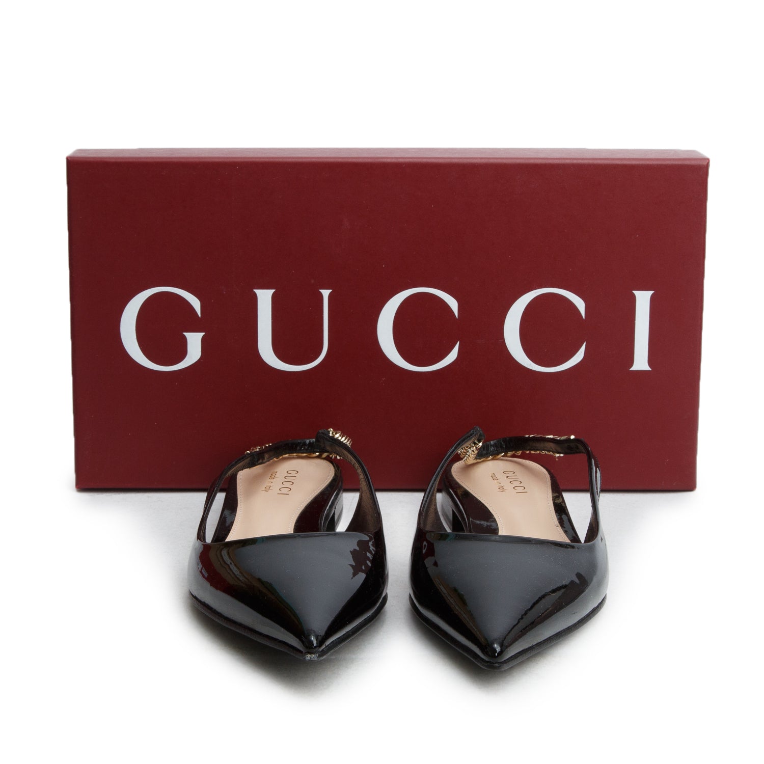 Gucci Black Patent Leather Signoria Logo Plaque Slingback Ballet Flats, Women's Size 38.5 w/ Box