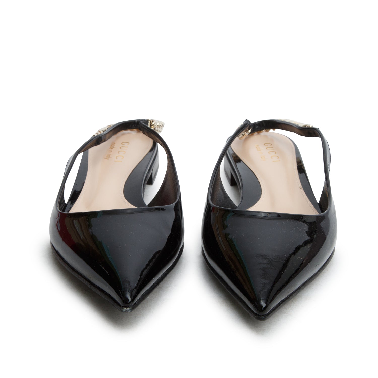 Gucci Black Patent Leather Signoria Logo Plaque Slingback Ballet Flats, Women's Size 38.5 w/ Box