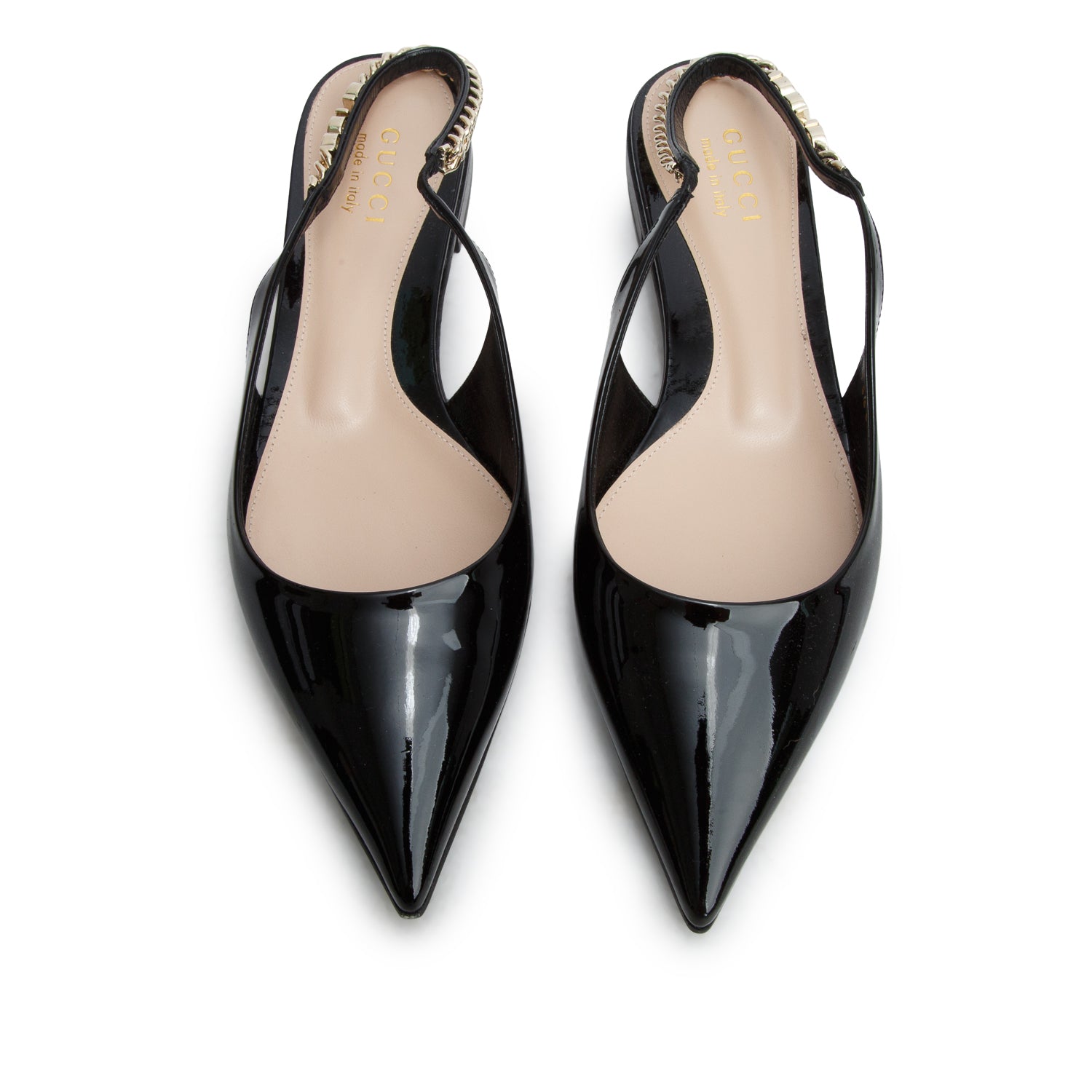 Gucci Black Patent Leather Signoria Logo Plaque Slingback Ballet Flats, Women's Size 38.5 w/ Box