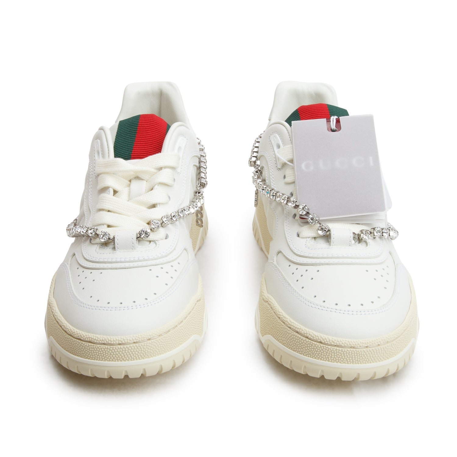 Gucci White Leather Re-Web Crystal Chain Sneakers, Women's Size 38 w/ Box