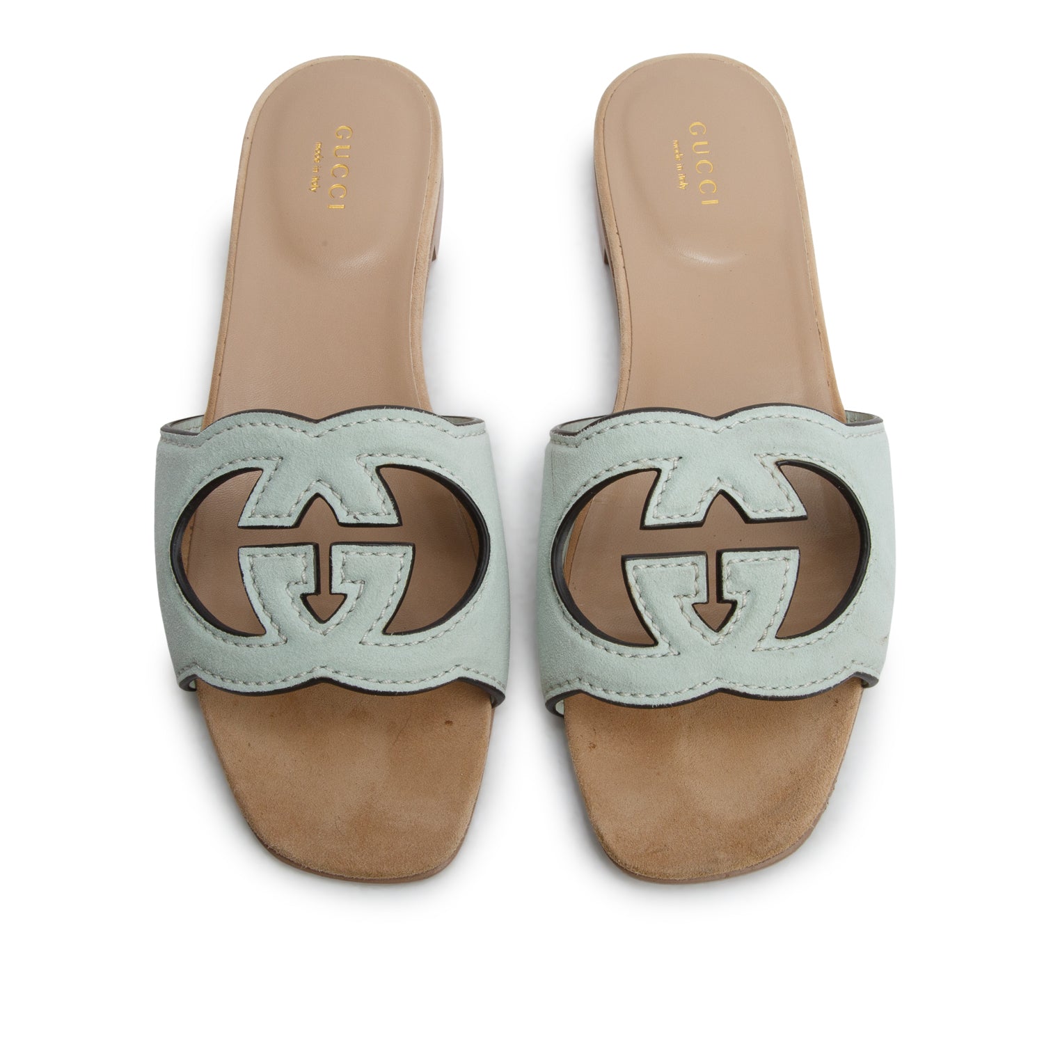 Gucci Teal Suede Interlocking G Cutout Slide Sandals, Women's Size 38 w/ Box