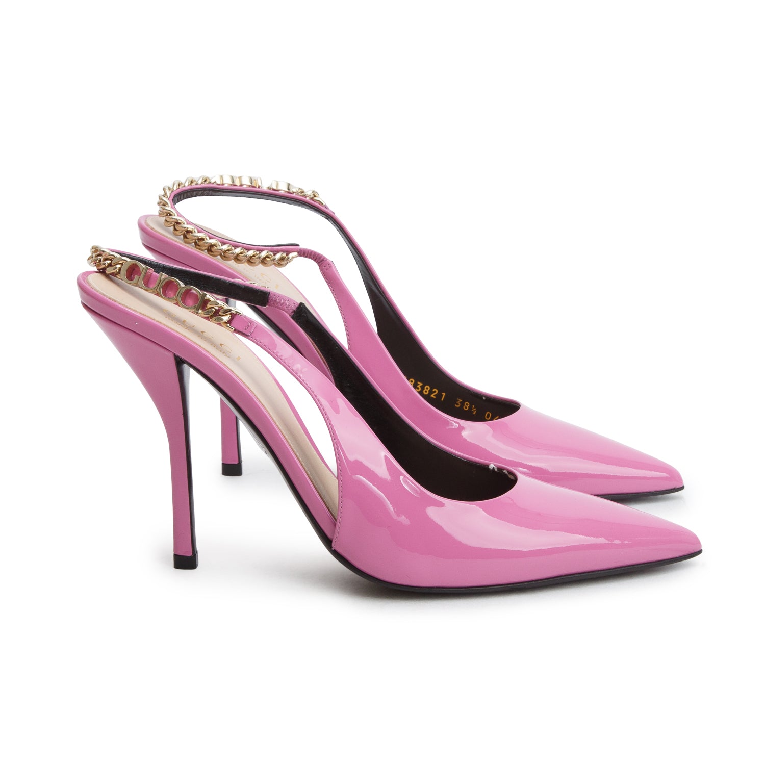 Gucci Pink Patent Leather Signoria Logo Plaque Slingback Pumps, Women's Size 38.5 w/ Box