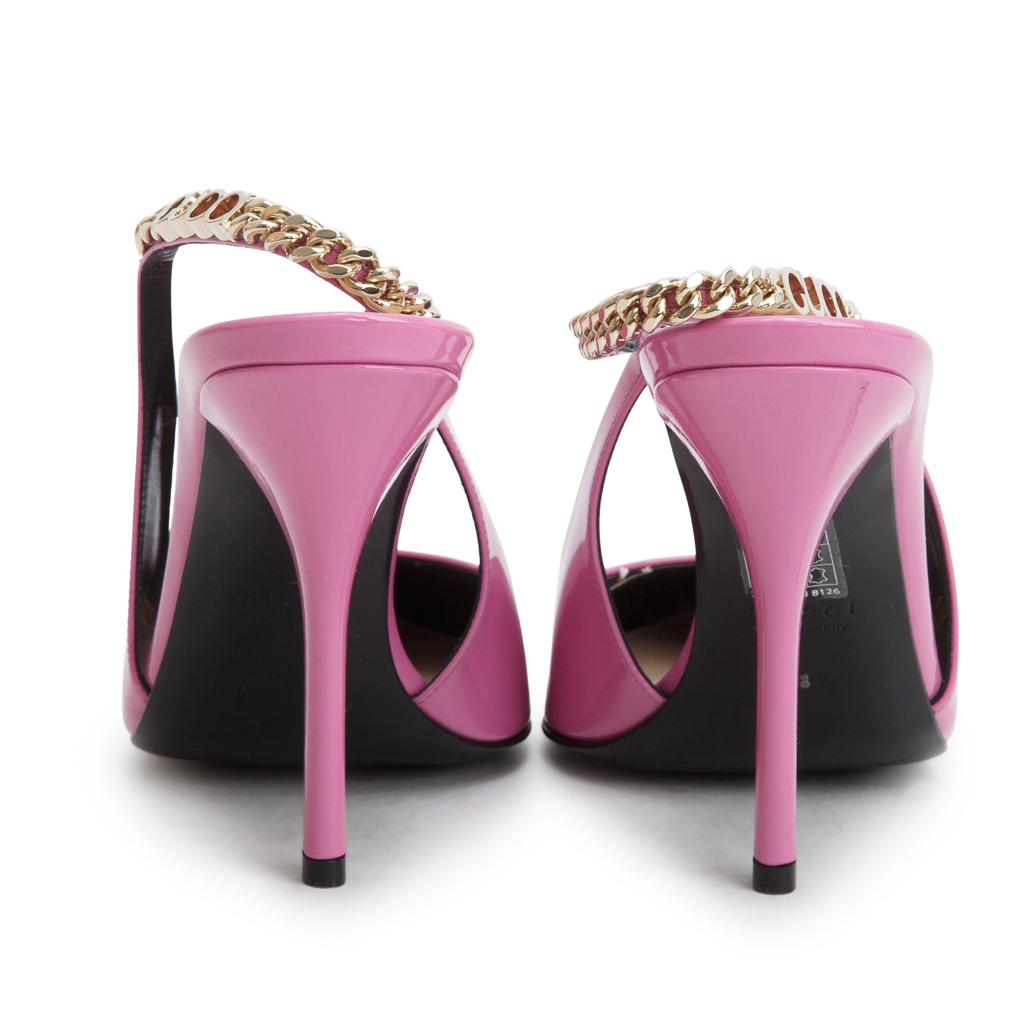 Gucci Pink Patent Leather Signoria Logo Plaque Slingback Pumps, Women's Size 38.5 w/ Box