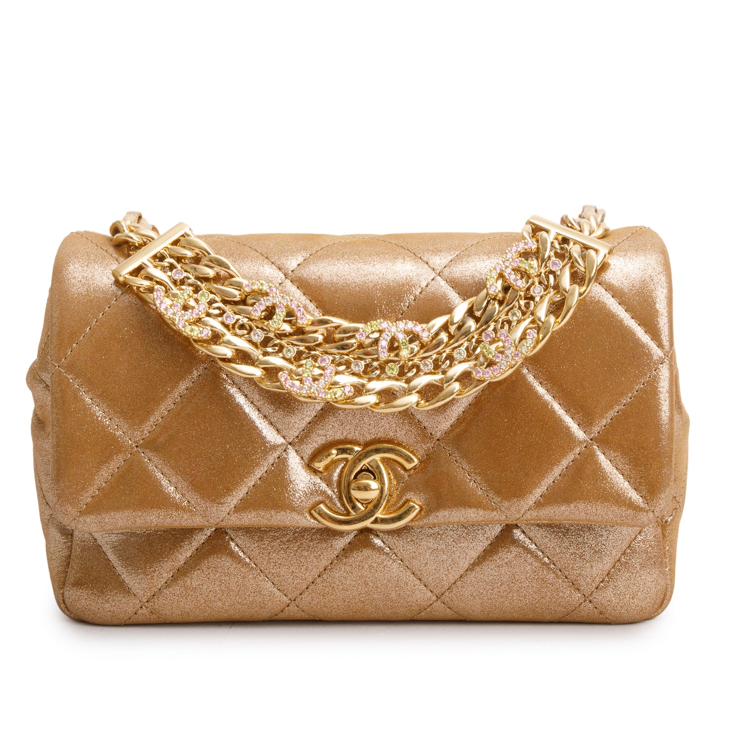 Chanel 2024 Metallic Gold Lambskin Quilted Mini CC Crystal Logo Chain Flap w/ Box & Receipt