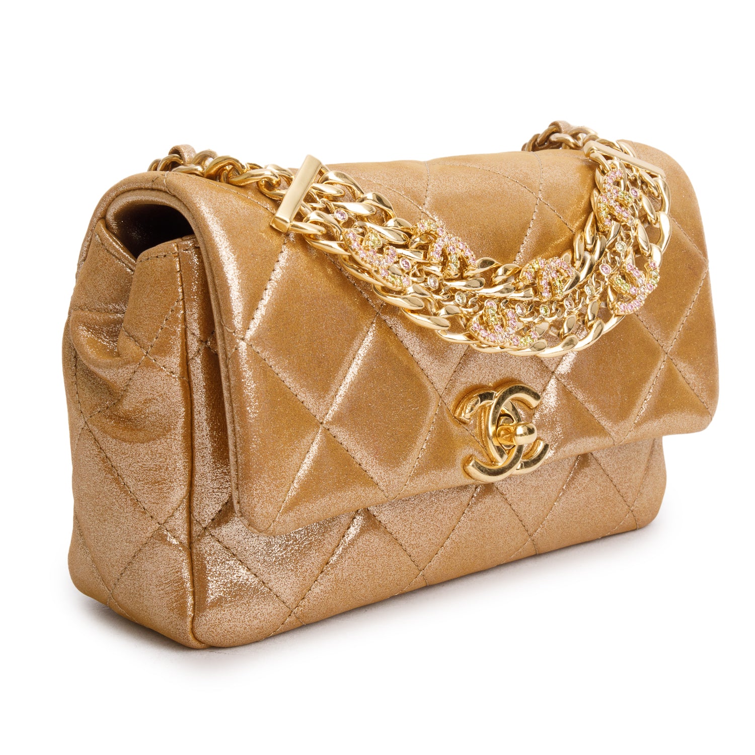 Chanel 2024 Metallic Gold Lambskin Quilted Mini CC Crystal Logo Chain Flap w/ Box & Receipt
