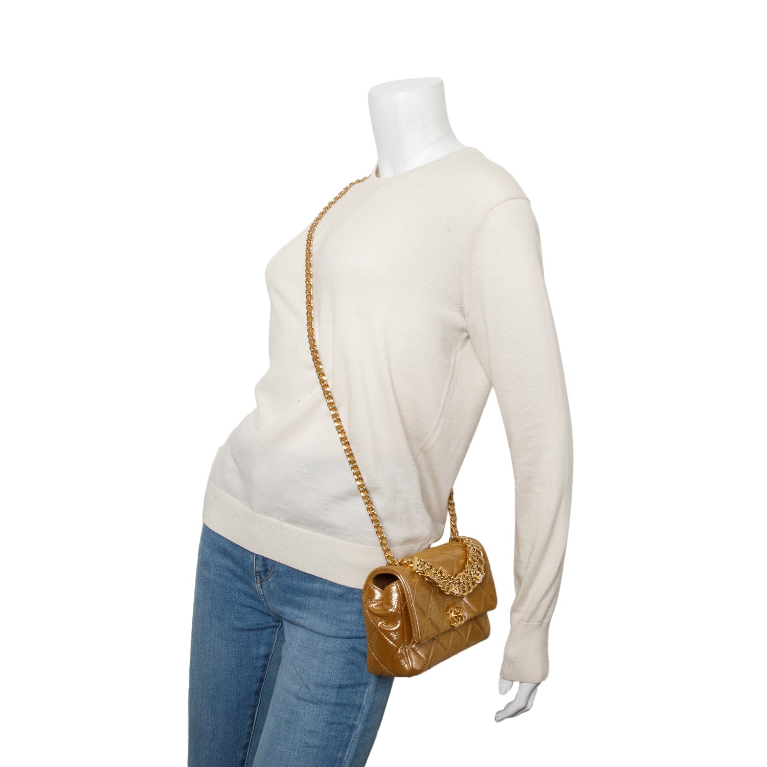 Chanel 2024 Metallic Gold Lambskin Quilted Mini CC Crystal Logo Chain Flap w/ Box & Receipt