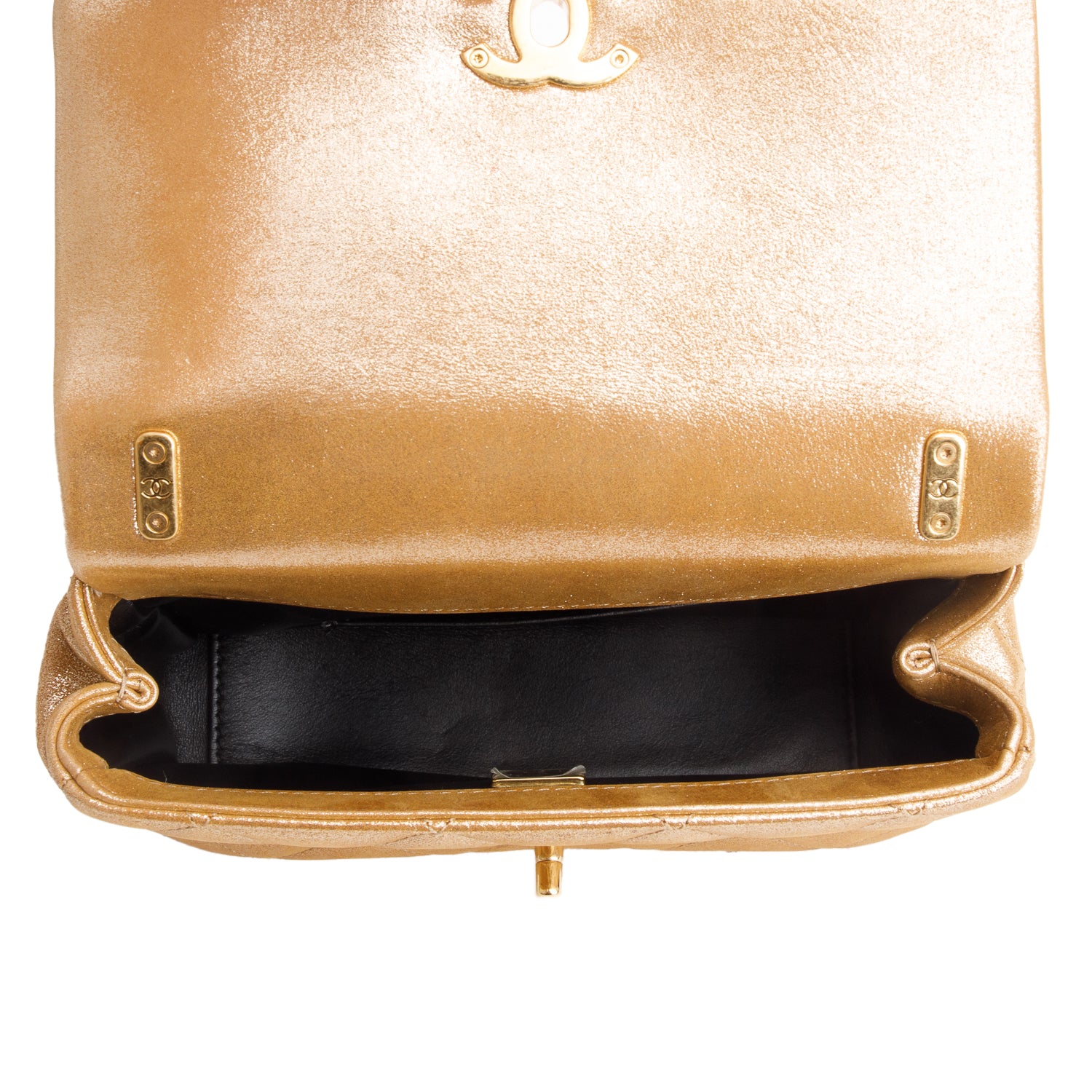 Chanel 2024 Metallic Gold Lambskin Quilted Mini CC Crystal Logo Chain Flap w/ Box & Receipt