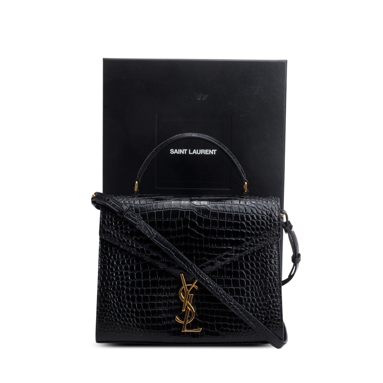 Saint Laurent 2022 Black Calfskin Crocodile Embossed Medium Classic Monogram Cassandra Top Handle w/ Box, Receipt & Strap