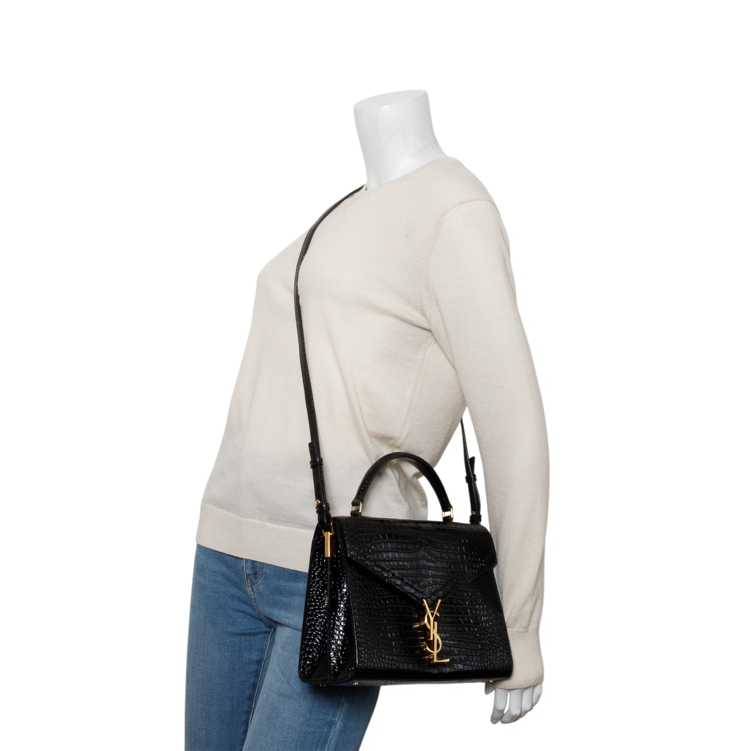 Saint Laurent 2022 Black Calfskin Crocodile Embossed Medium Classic Monogram Cassandra Top Handle w/ Box, Receipt & Strap