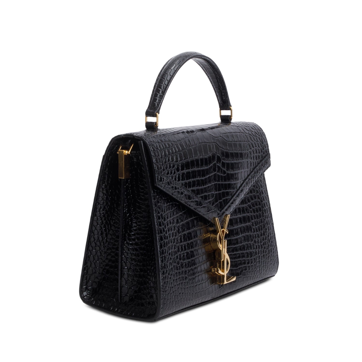 Saint Laurent 2022 Black Calfskin Crocodile Embossed Medium Classic Monogram Cassandra Top Handle w/ Box, Receipt & Strap