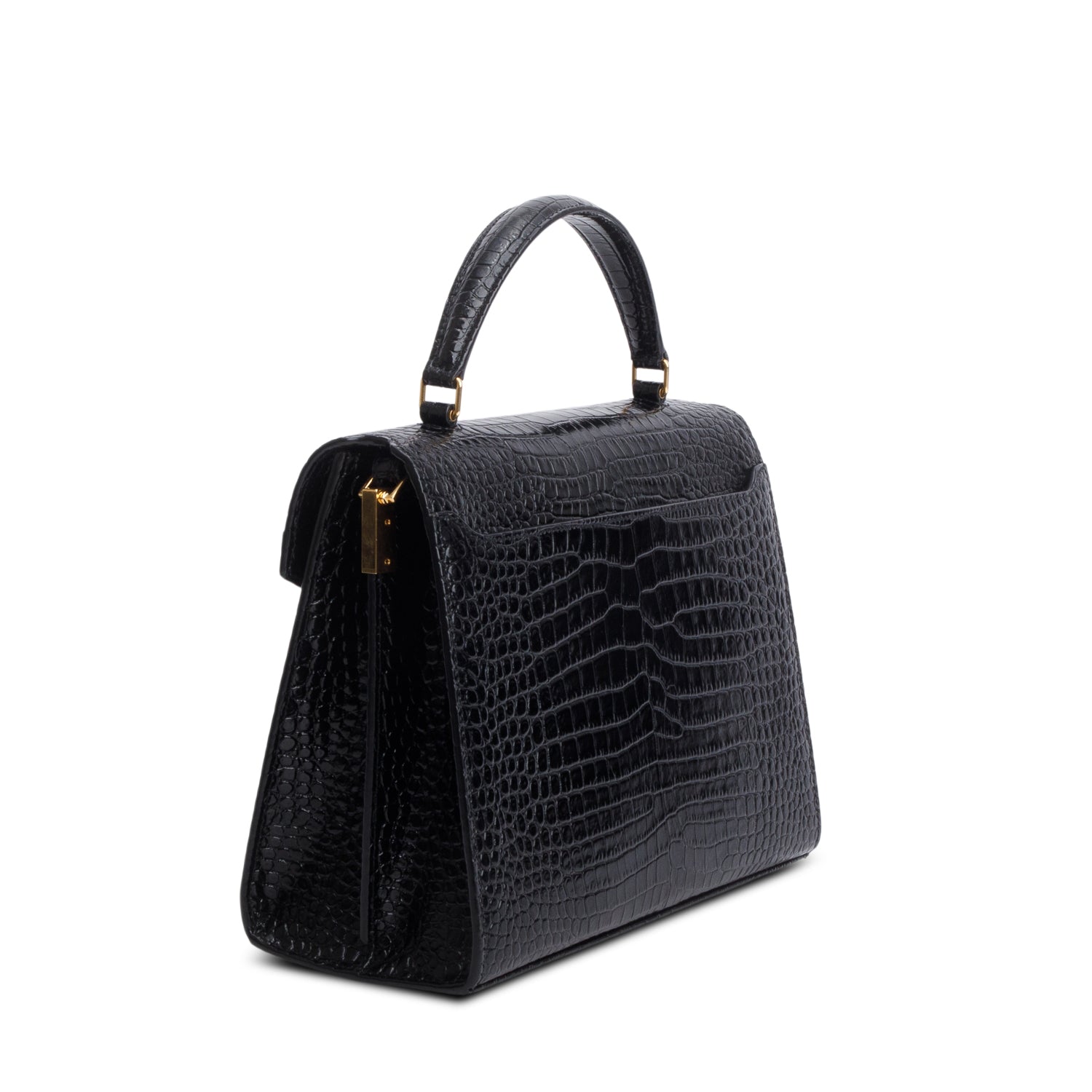 Saint Laurent 2022 Black Calfskin Crocodile Embossed Medium Classic Monogram Cassandra Top Handle w/ Box, Receipt & Strap