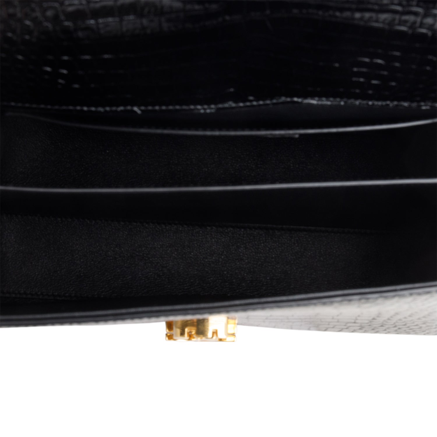 Saint Laurent 2022 Black Calfskin Crocodile Embossed Medium Classic Monogram Cassandra Top Handle w/ Box, Receipt & Strap