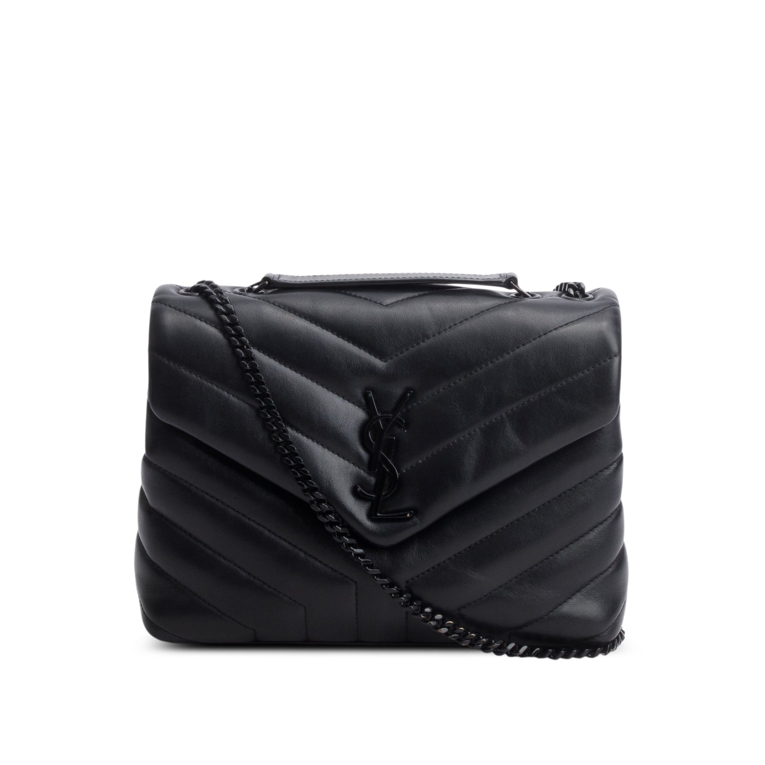 Saint Laurent 2021 Black Calfskin Y Quilted Monogram Monochrome Small Loulou Chain Satchel w/ Box