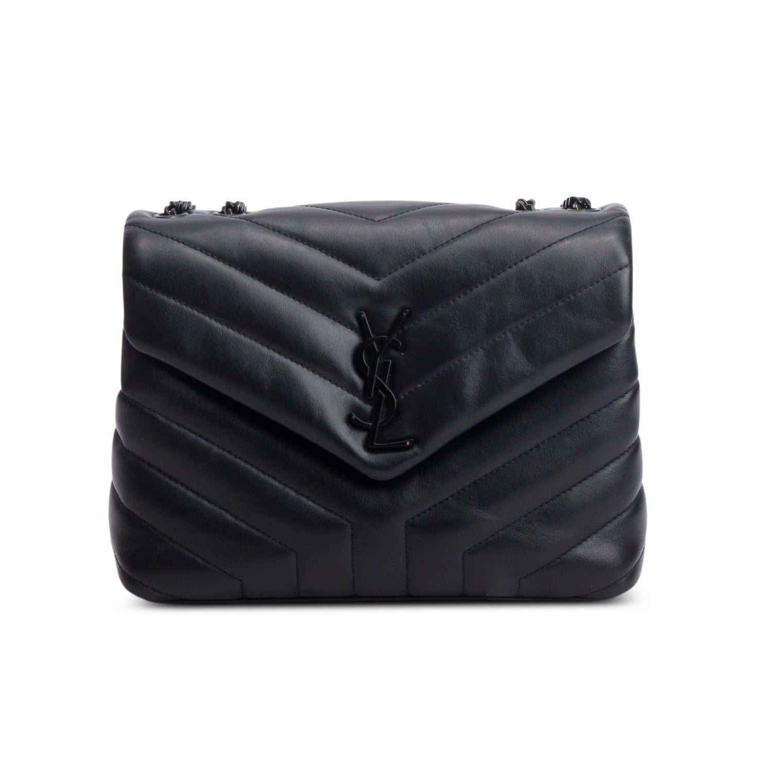 Saint Laurent 2021 Black Calfskin Y Quilted Monogram Monochrome Small Loulou Chain Satchel w/ Box