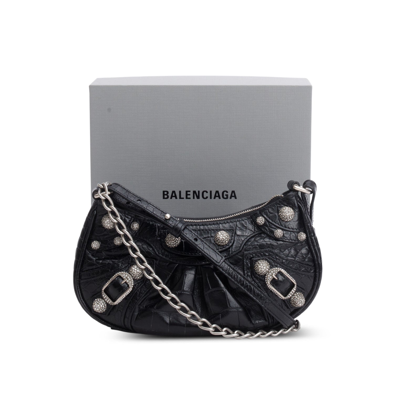 Balenciaga Black Extra Supple Calfskin Crystal Croc Embossed Le Cagole Mini Shoulder Bag w/ Box & Straps