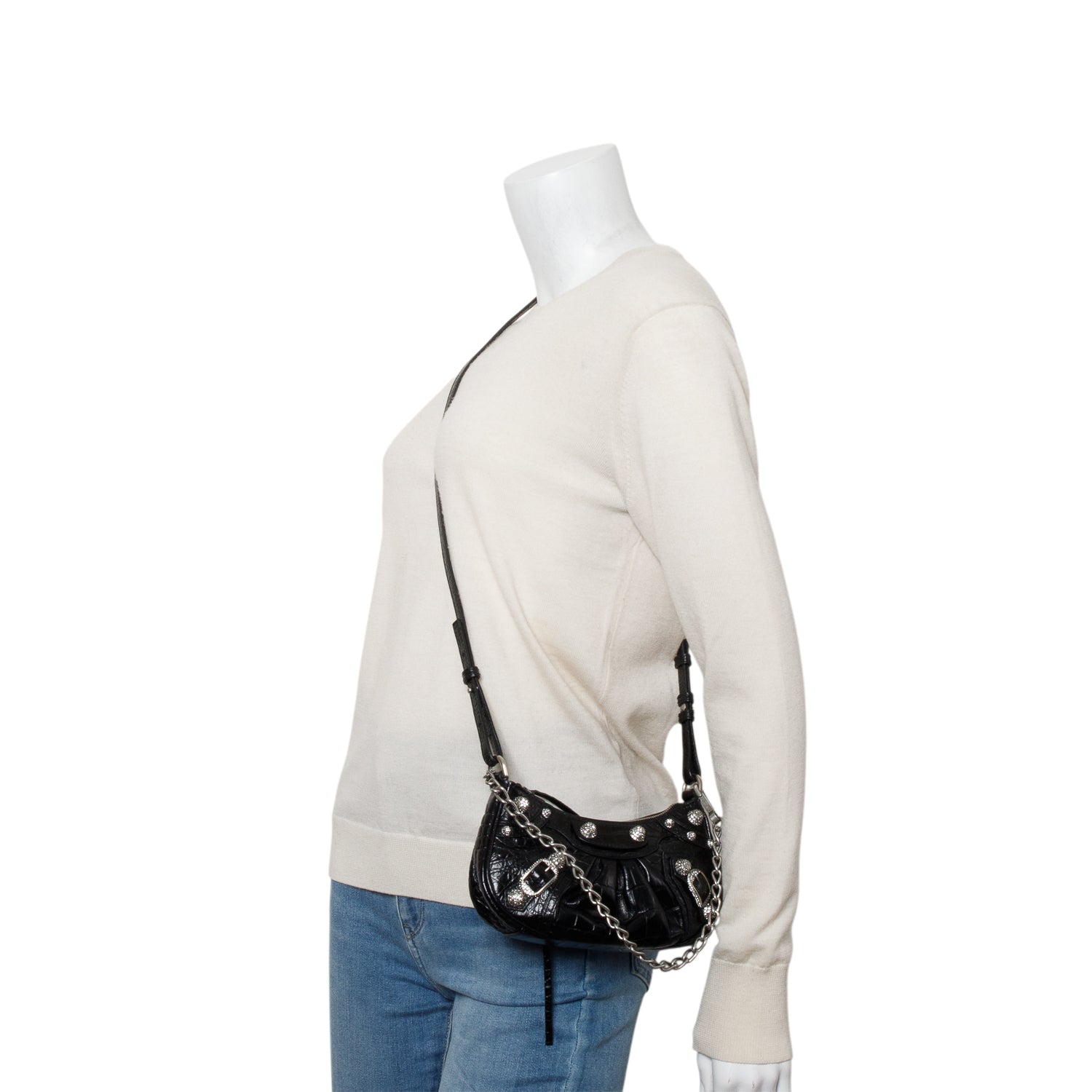 Balenciaga Black Extra Supple Calfskin Crystal Croc Embossed Le Cagole Mini Shoulder Bag w/ Box & Straps