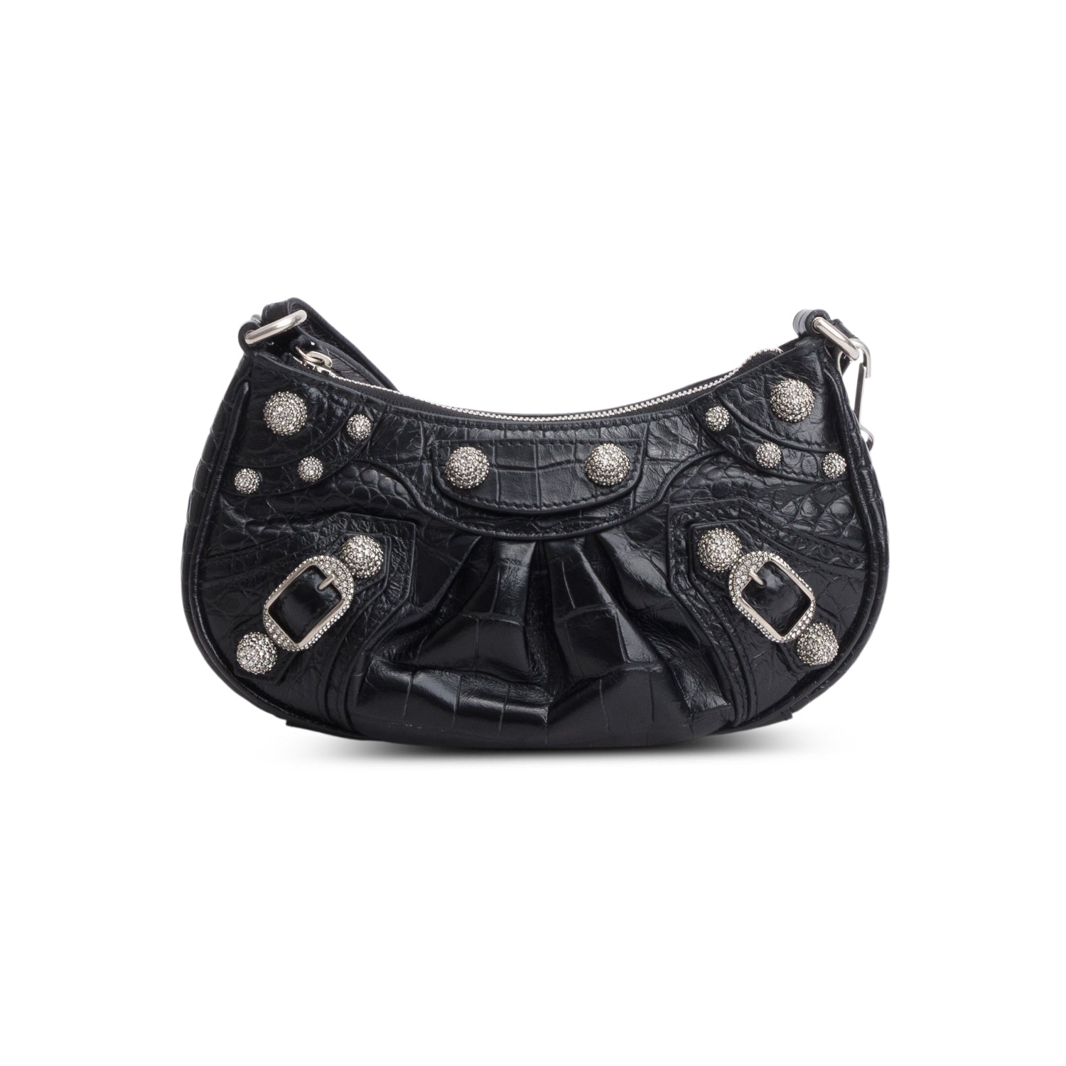 Balenciaga Black Extra Supple Calfskin Crystal Croc Embossed Le Cagole Mini Shoulder Bag w/ Box & Straps