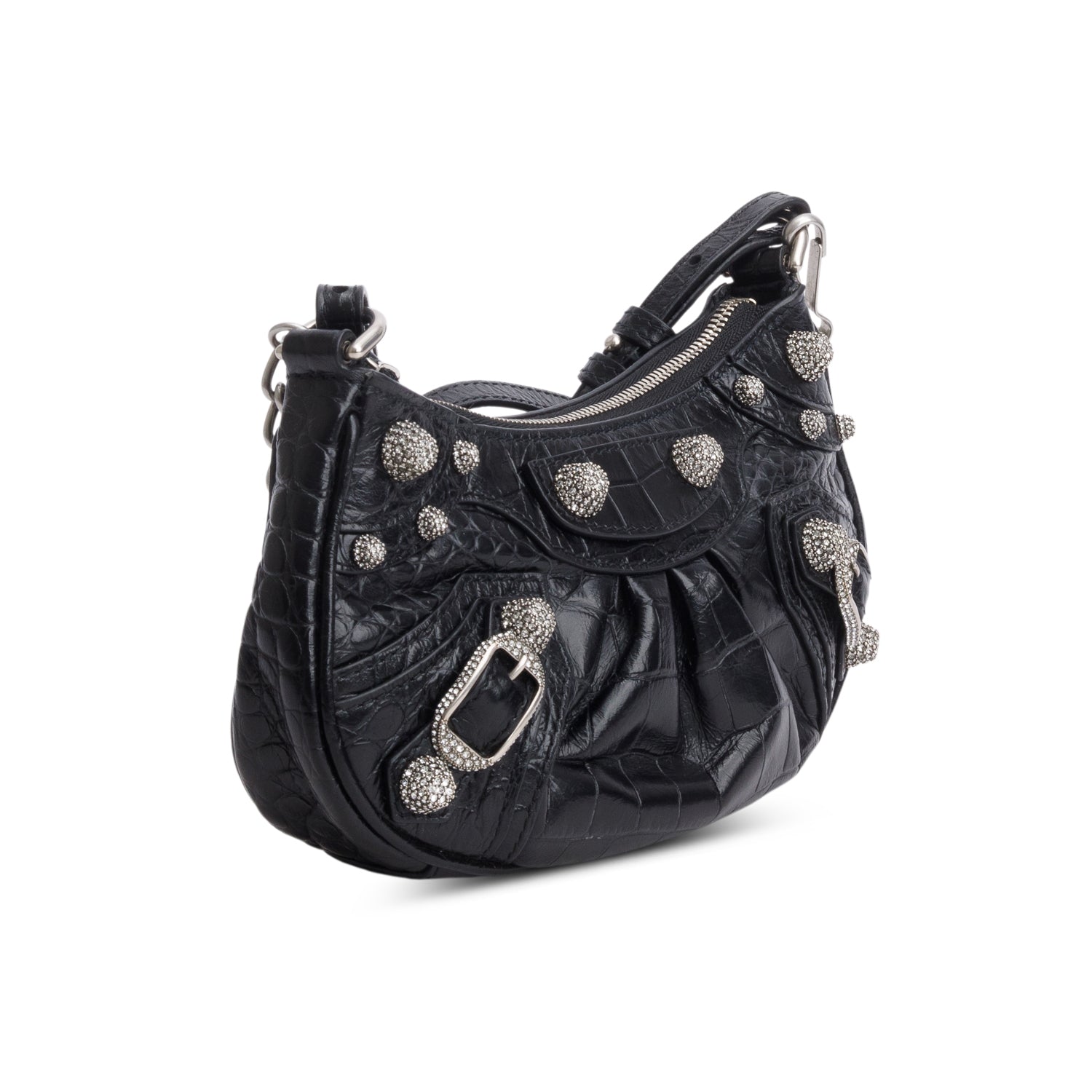 Balenciaga Black Extra Supple Calfskin Crystal Croc Embossed Le Cagole Mini Shoulder Bag w/ Box & Straps