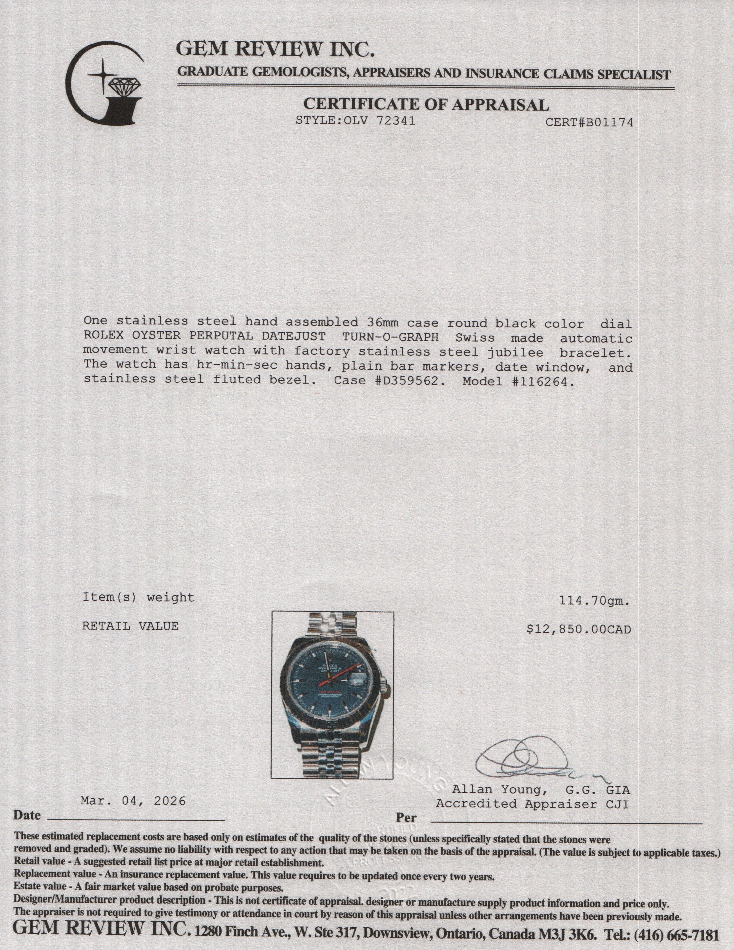 Rolex Stainless Steel Datejust Turn-O-Graph 36 MM Watch Black Roulette Dial 116264 w/ Box & Papers