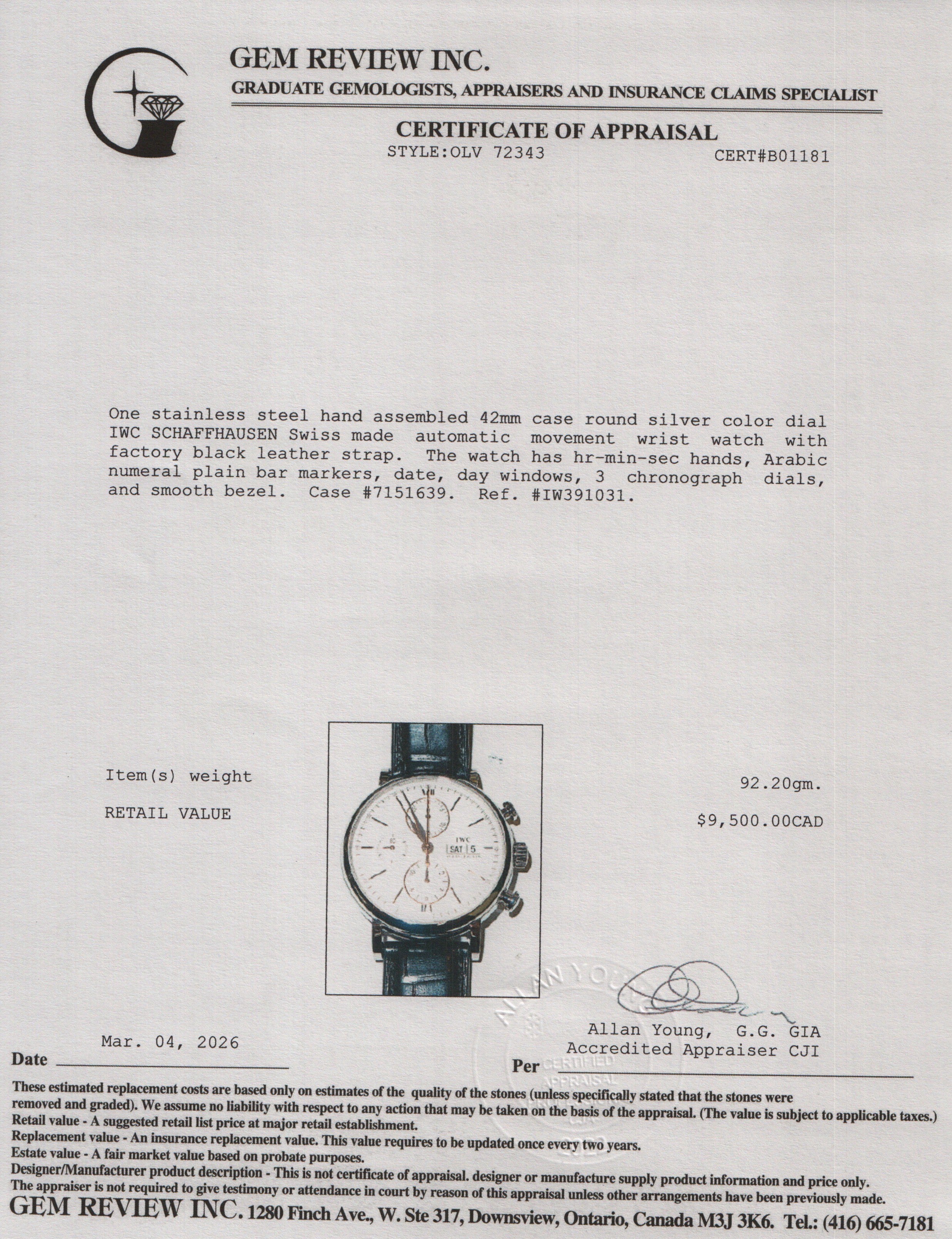 IWC Stainless Steel Portofinio 42 MM Chronograph Automatic Watch Silver Dial IW391031 w/ Box & Papers