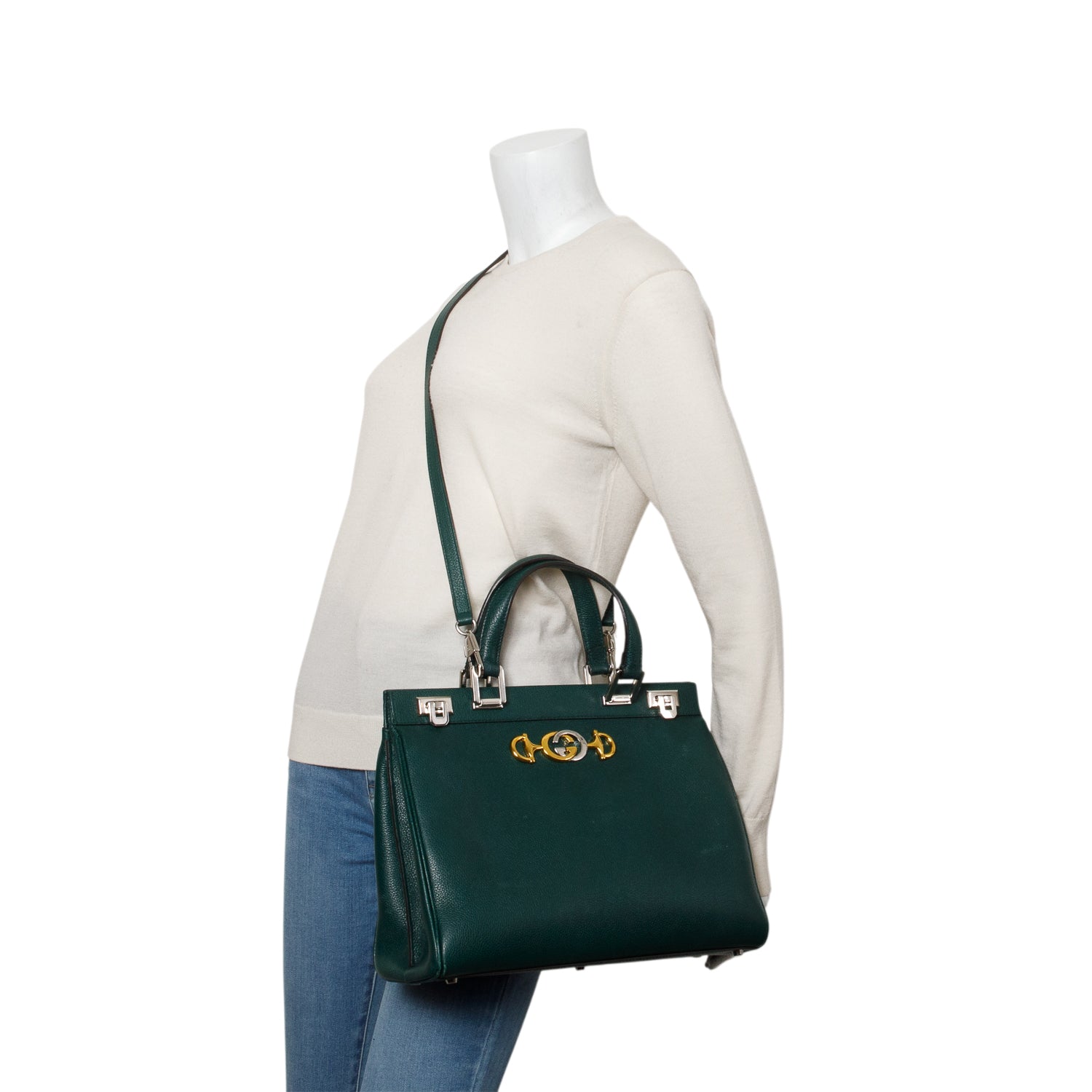 Gucci Green Grainy Calfskin Medium Zumi Top Handle w/ Strap
