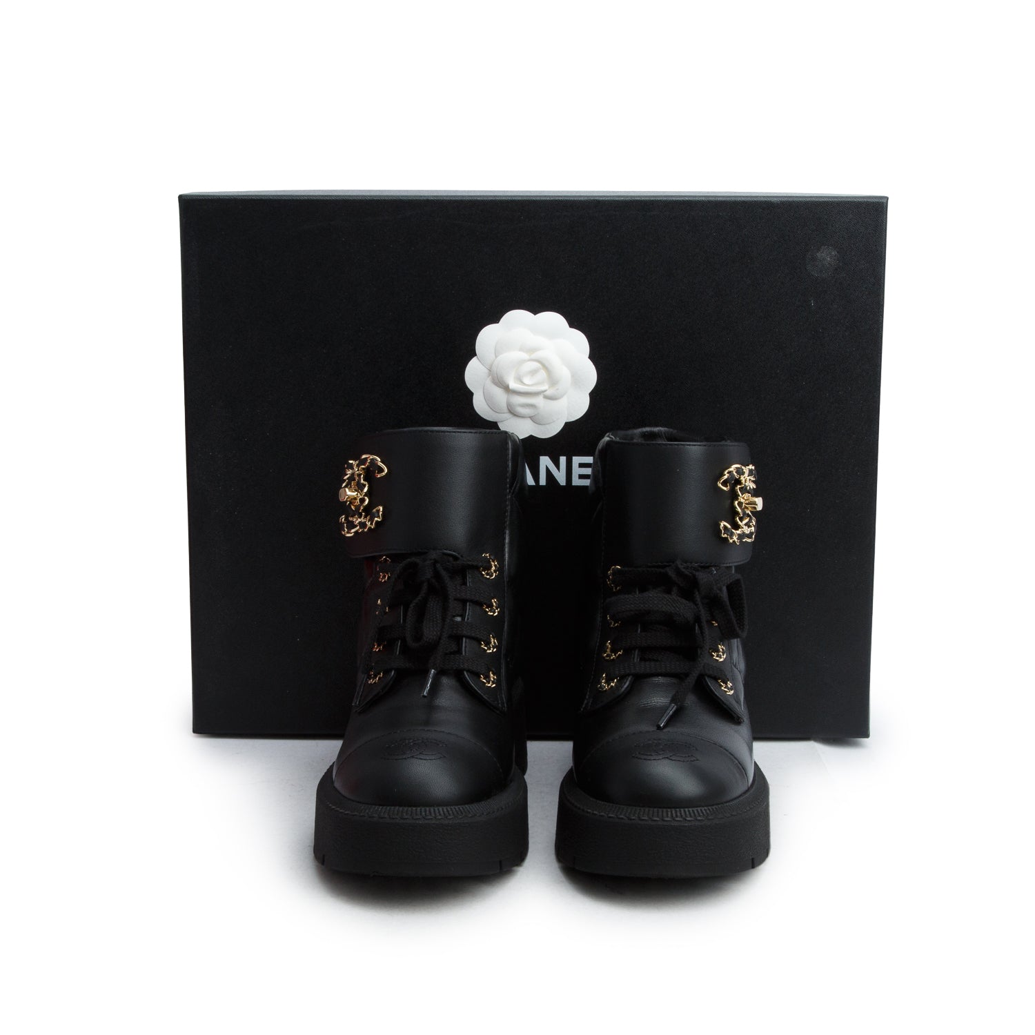 Chanel Black Lambskin Calfskin Quilted Lace Up Combat Boots, Women's Size 36 w/ Box