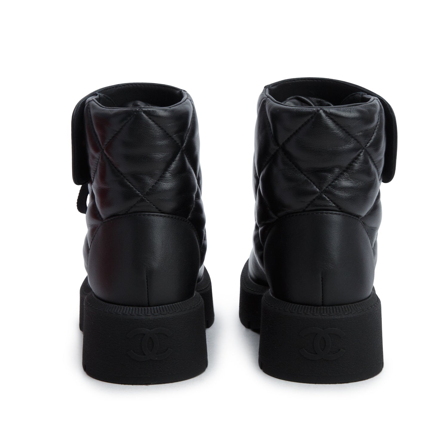 Chanel Black Lambskin Calfskin Quilted Lace Up Combat Boots, Women's Size 36 w/ Box