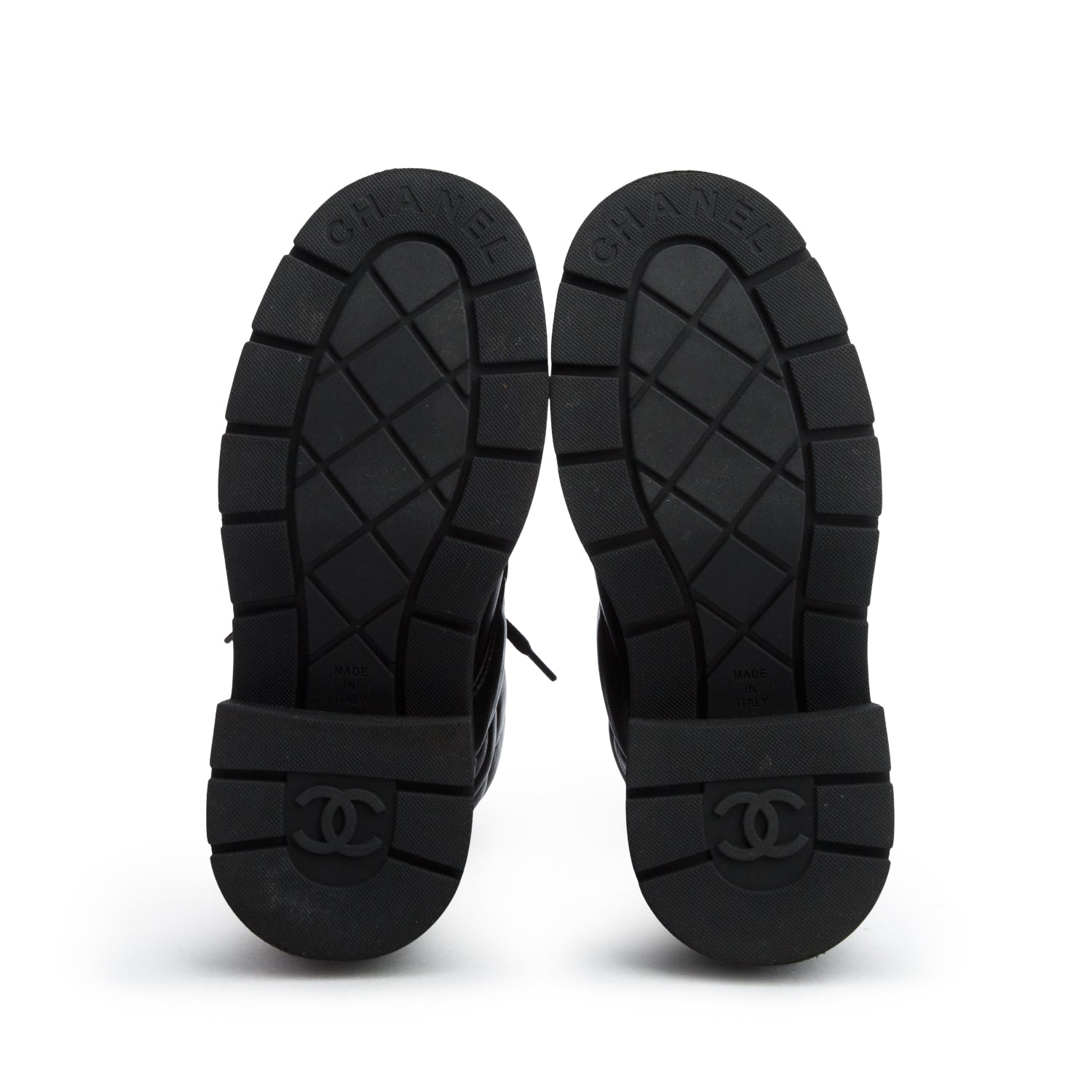 Chanel Black Lambskin Calfskin Quilted Lace Up Combat Boots, Women's Size 36 w/ Box