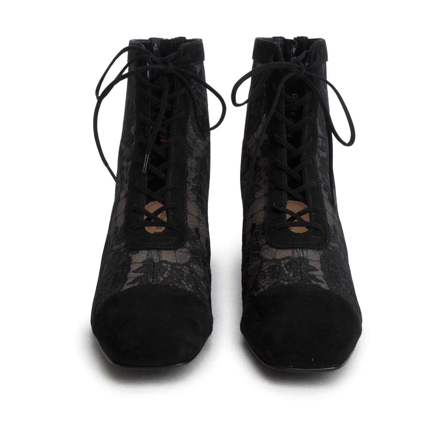 Christian Dior 2023 Black Suede Transparent Mesh Embroidered Roses Naughtily-D Heeled Lace Up Ankle Boots, Women's Size 36 w/ Box
