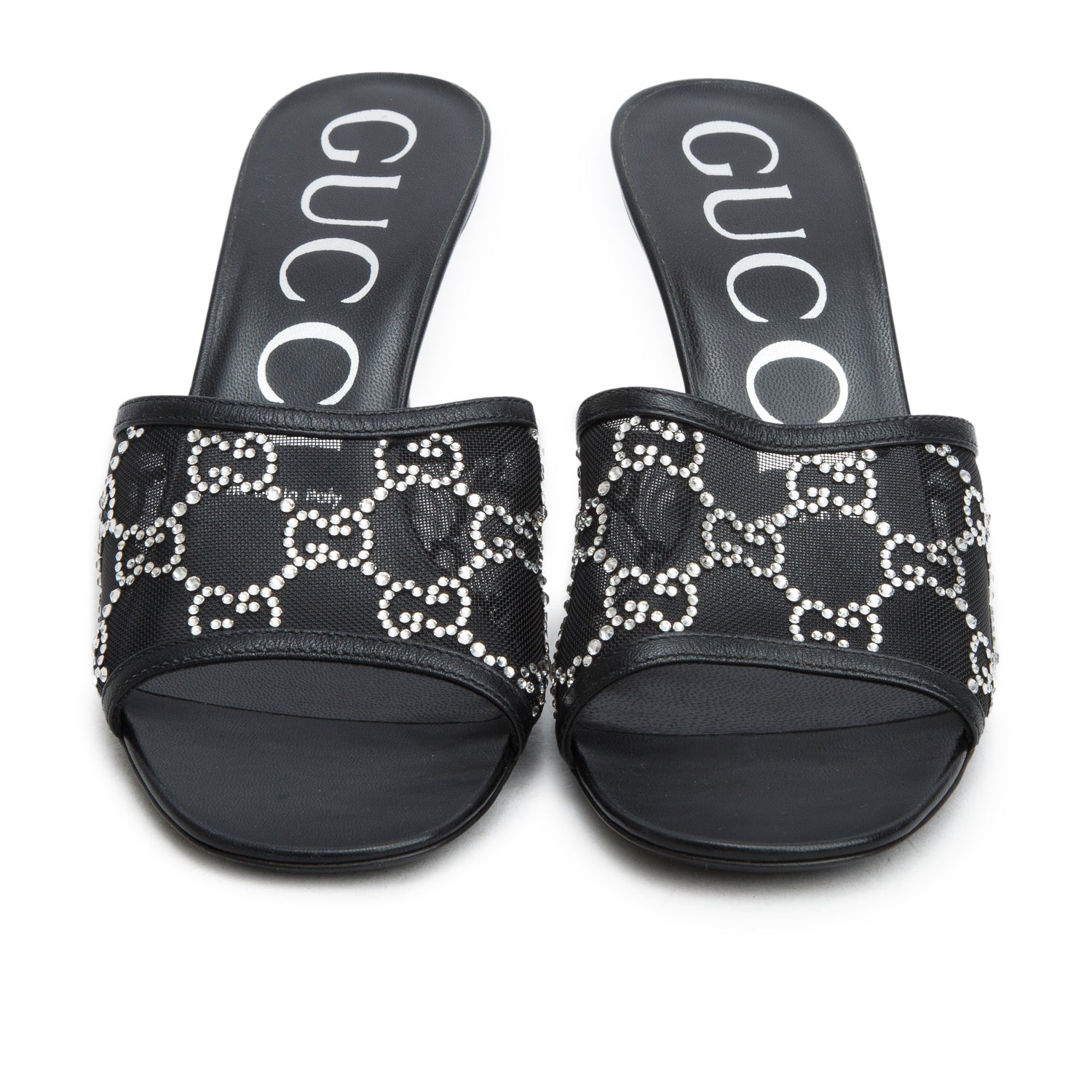 Gucci Black Tela Retino Kid Scamosciato Crystal GG Monogram Square Demi Mule Sandals, Women's Size 37
