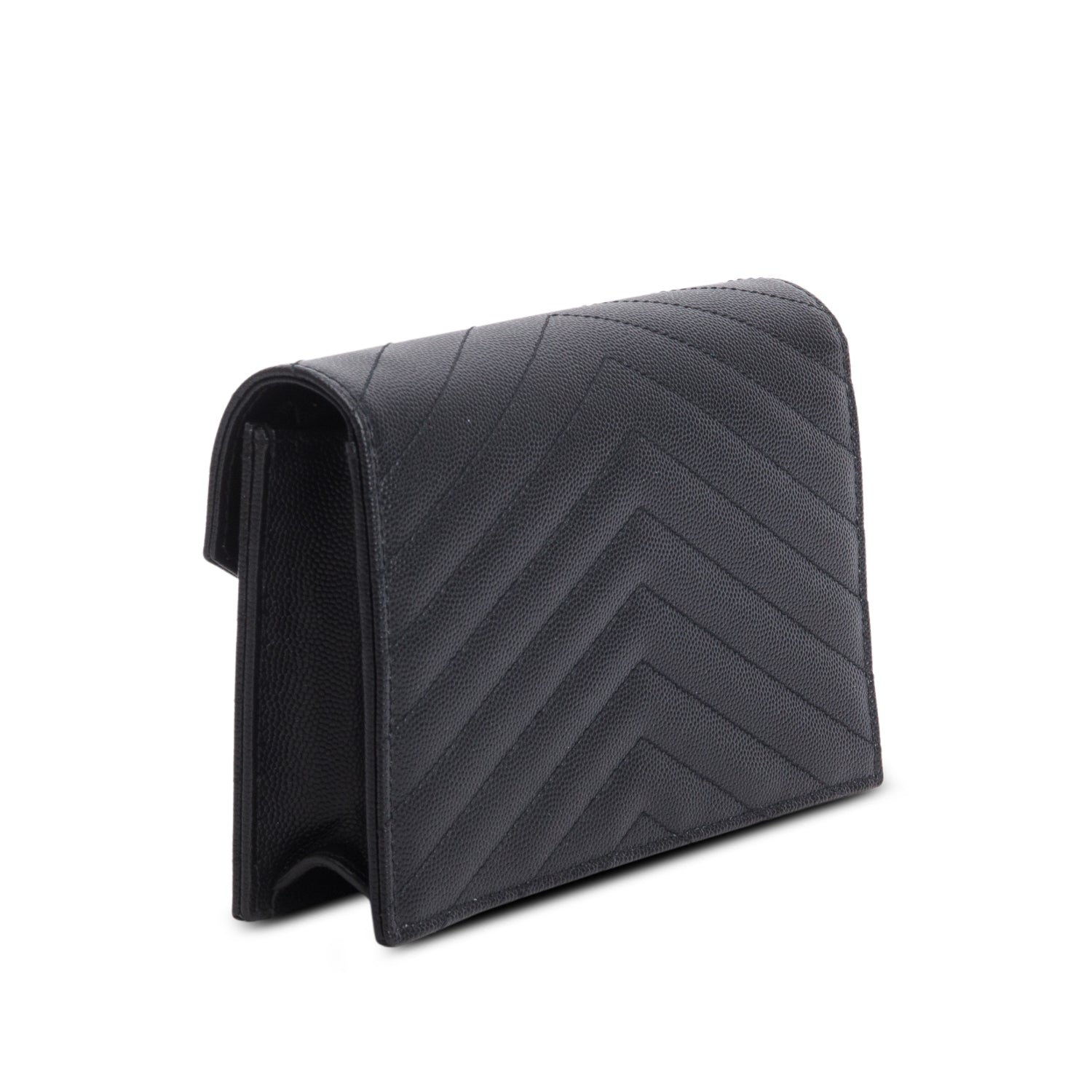 Saint Laurent 2024 Black Grain de Poudre Matelasse Chevron Monogram Chain Wallet w/ Box & Receipt