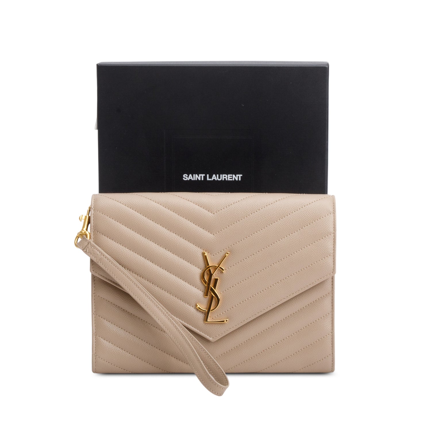Saint Laurent 2021 Beige Grain de Poudre Matelasse Leather Cassandre Flap Wristlet Pouch w/ Box